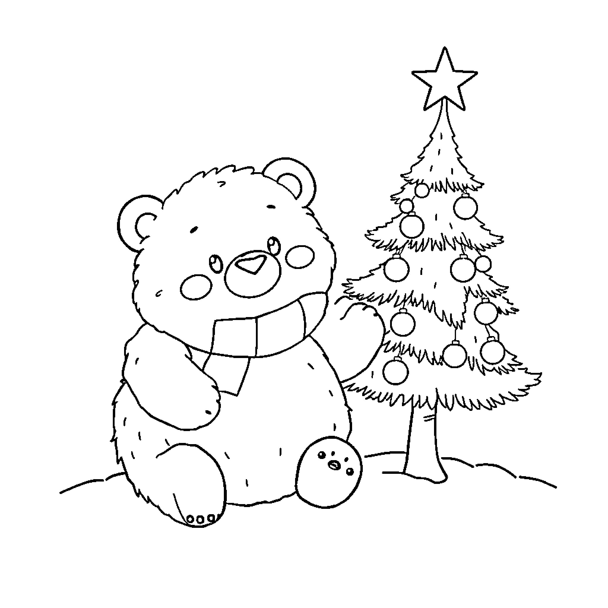 Bear enjoying Christmas tree and ornaments Coloring Page (free black-and-white line drawing printable PDF for all, from beginners to advanced learners, including children, teens, adults, and seniors)