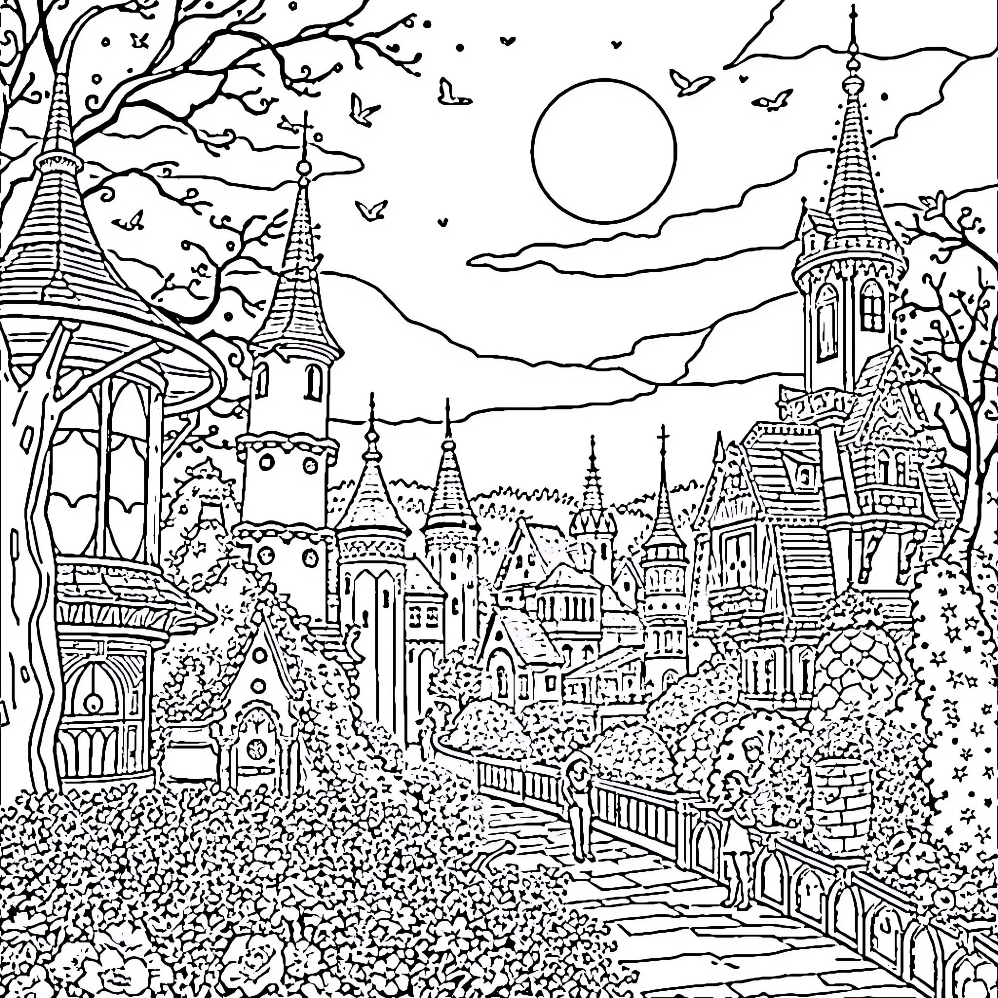 Efteling: Enchanting Landscapes and Whimsical Structures Coloring Page (free black-and-white line drawing printable PDF for all, from beginners to advanced learners, including children, teens, adults, and seniors)