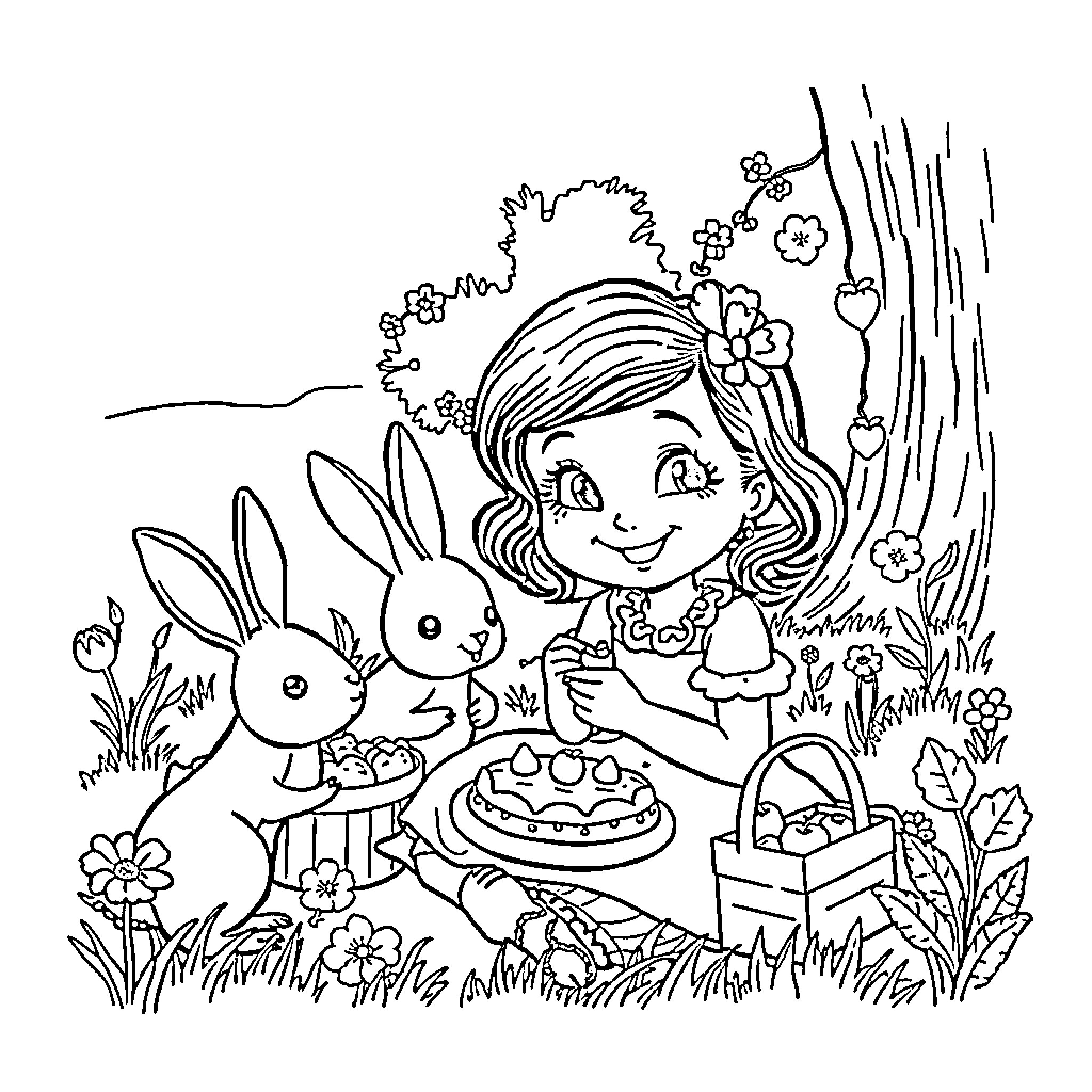 Charlotte's Whimsical Picnic with Bunnies Coloring Page (free black-and-white line drawing printable PDF for all, from beginners to advanced learners, including children, teens, adults, and seniors)