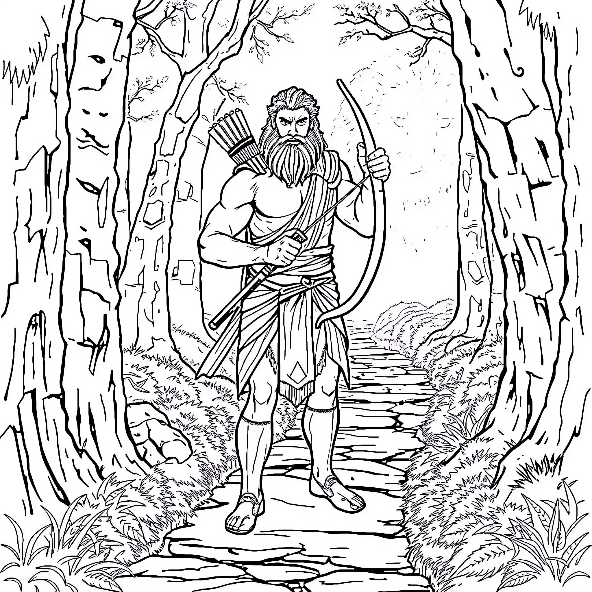 Heracles, the mighty hero, in the wilderness Coloring Page (free black-and-white line drawing printable PDF for all, from beginners to advanced learners, including children, teens, adults, and seniors)
