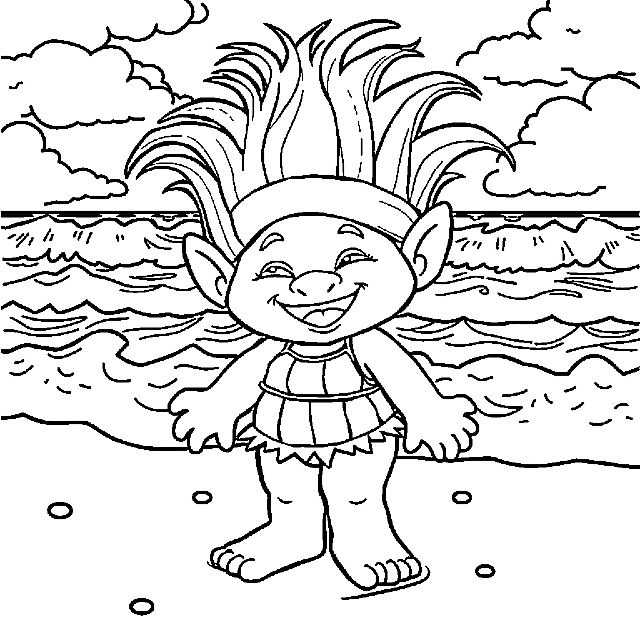 Troll Doll enjoying the beach and waves Coloring Page (free black-and-white line drawing printable PDF for all, from beginners to advanced learners, including children, teens, adults, and seniors)