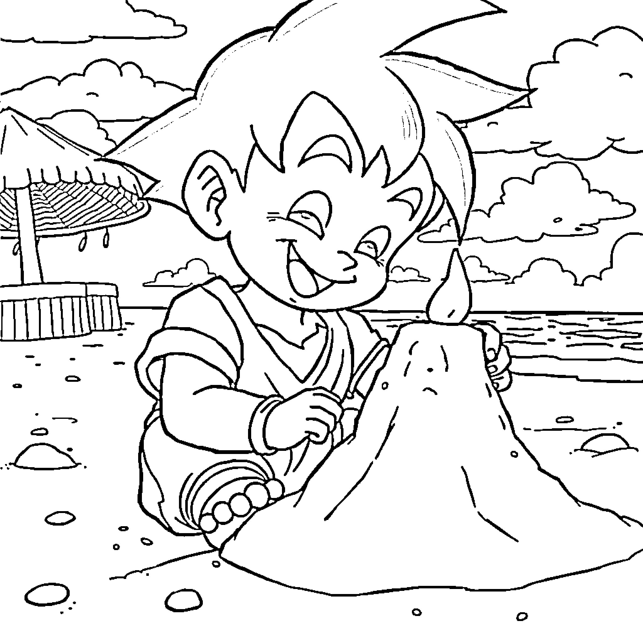 Son Goku Playing Joyfully on the Beach Coloring Page (free black-and-white line drawing printable PDF for all, from beginners to advanced learners, including children, teens, adults, and seniors)