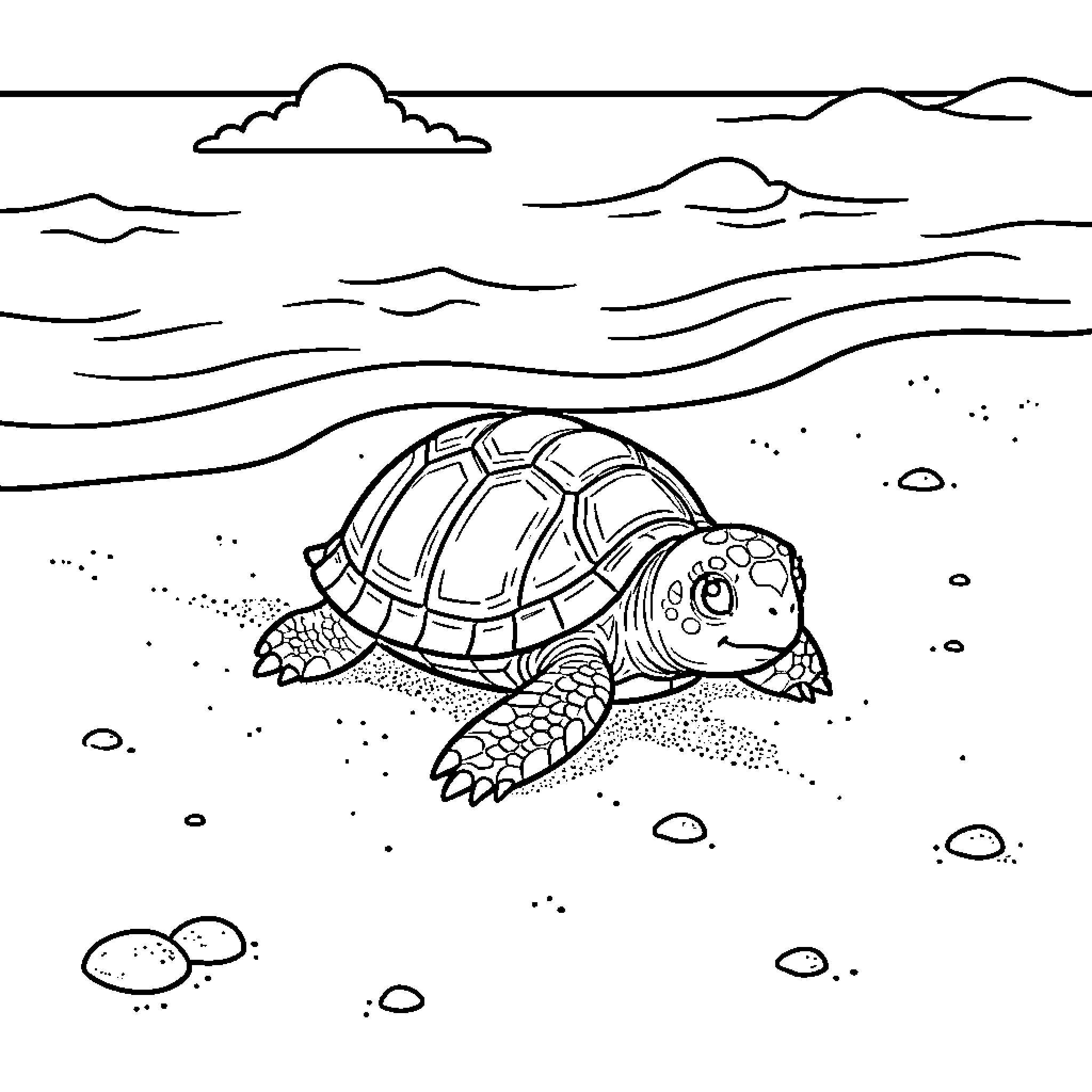 Turtle walking on the seabed Coloring Page (free black-and-white line drawing printable PDF for all, from beginners to advanced learners, including children, teens, adults, and seniors)