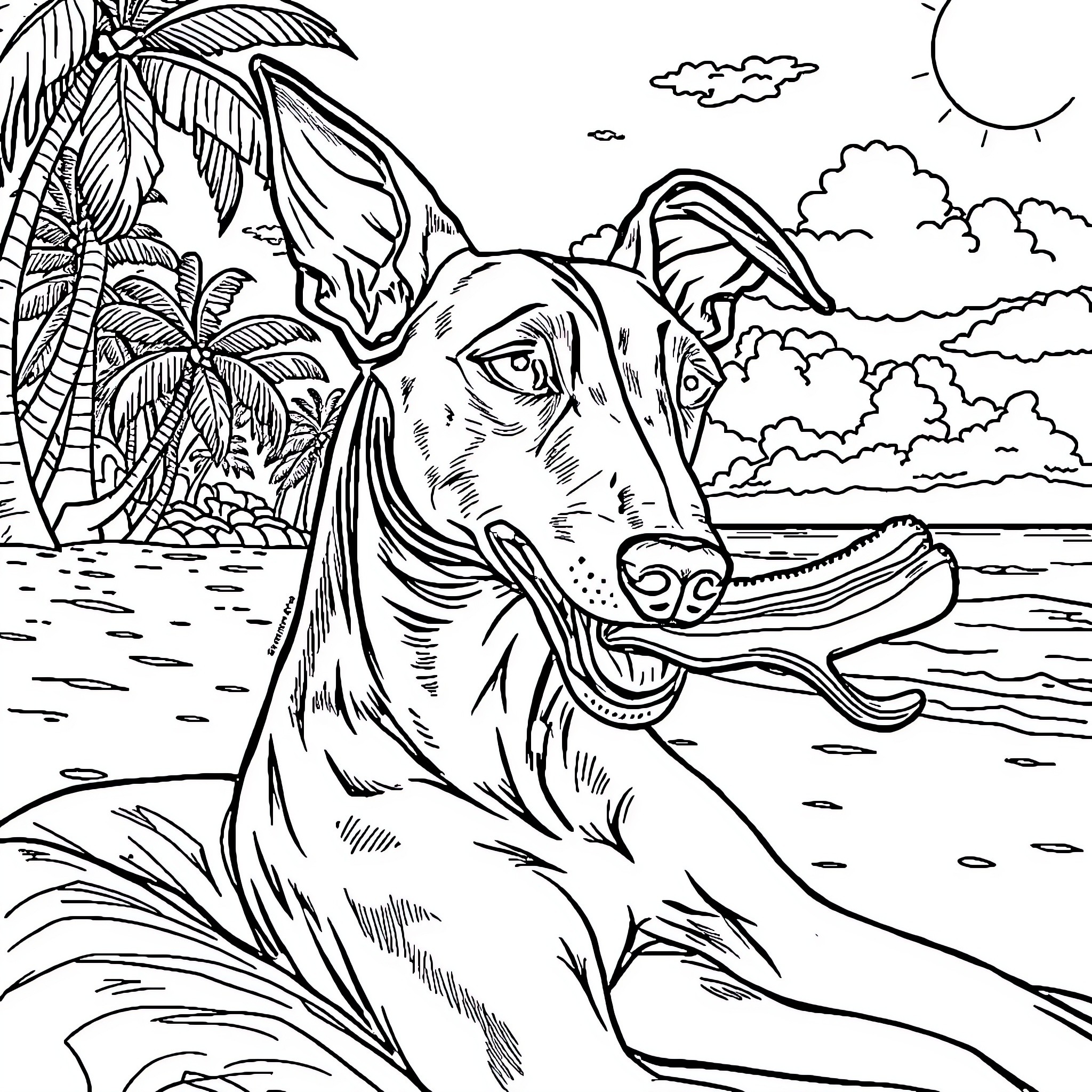 Italian Greyhound relaxing on a tropical beach Coloring Page (free black-and-white line drawing printable PDF for all, from beginners to advanced learners, including children, teens, adults, and seniors)