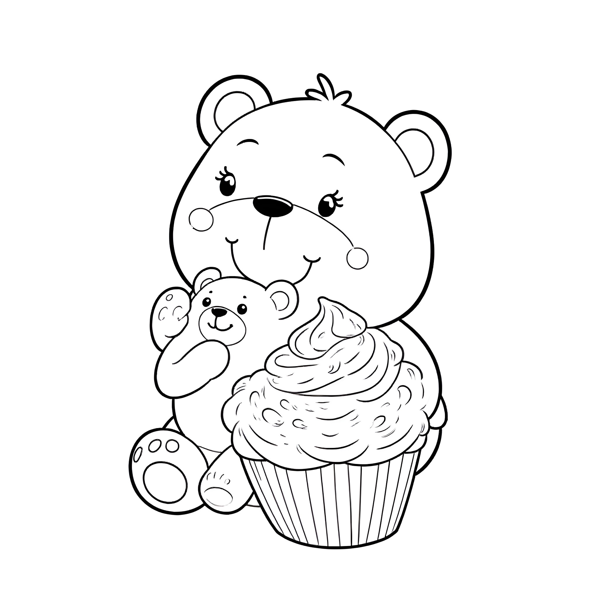 Honey bears with a sweet cupcake Coloring Page (free black-and-white line drawing printable PDF for all, from beginners to advanced learners, including children, teens, adults, and seniors)
