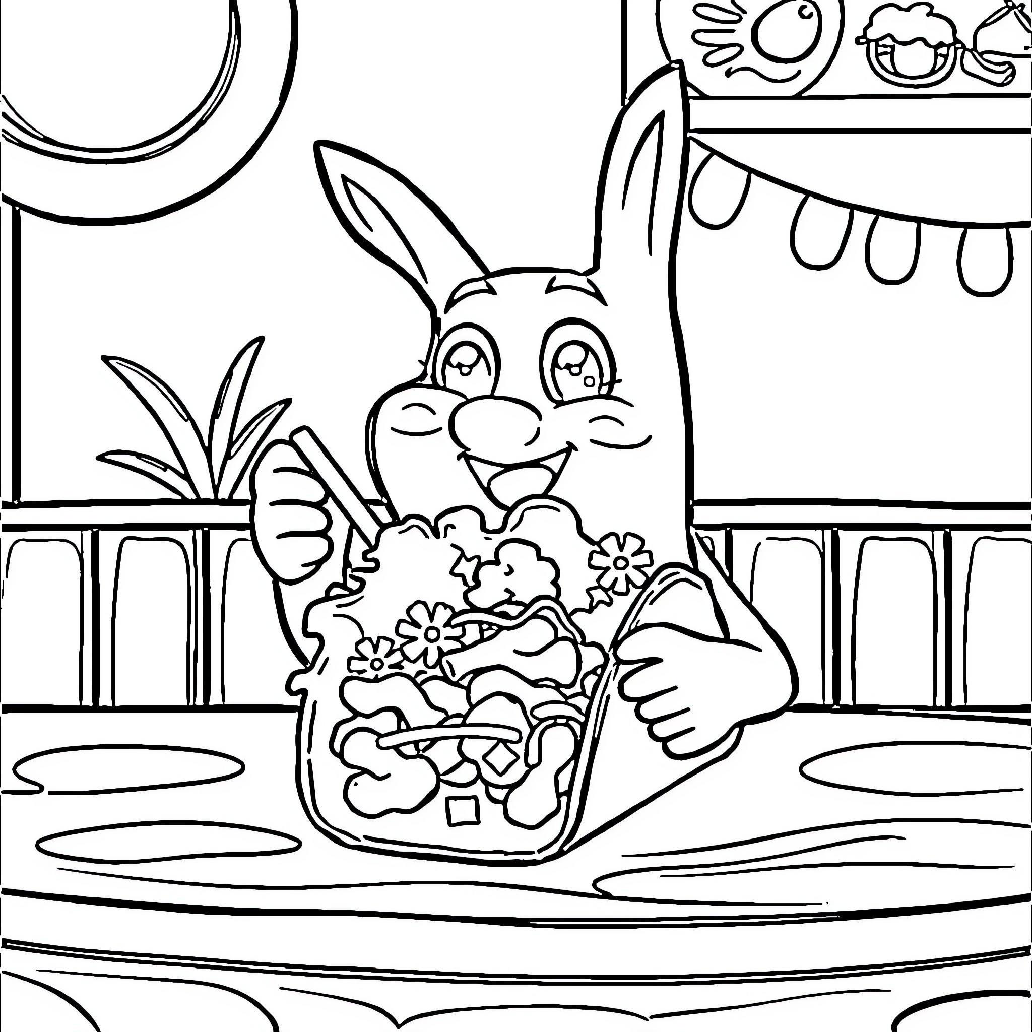 Blippi enjoying a sweet treat in a lively setting Coloring Page (free black-and-white line drawing printable PDF for all, from beginners to advanced learners, including children, teens, adults, and seniors)