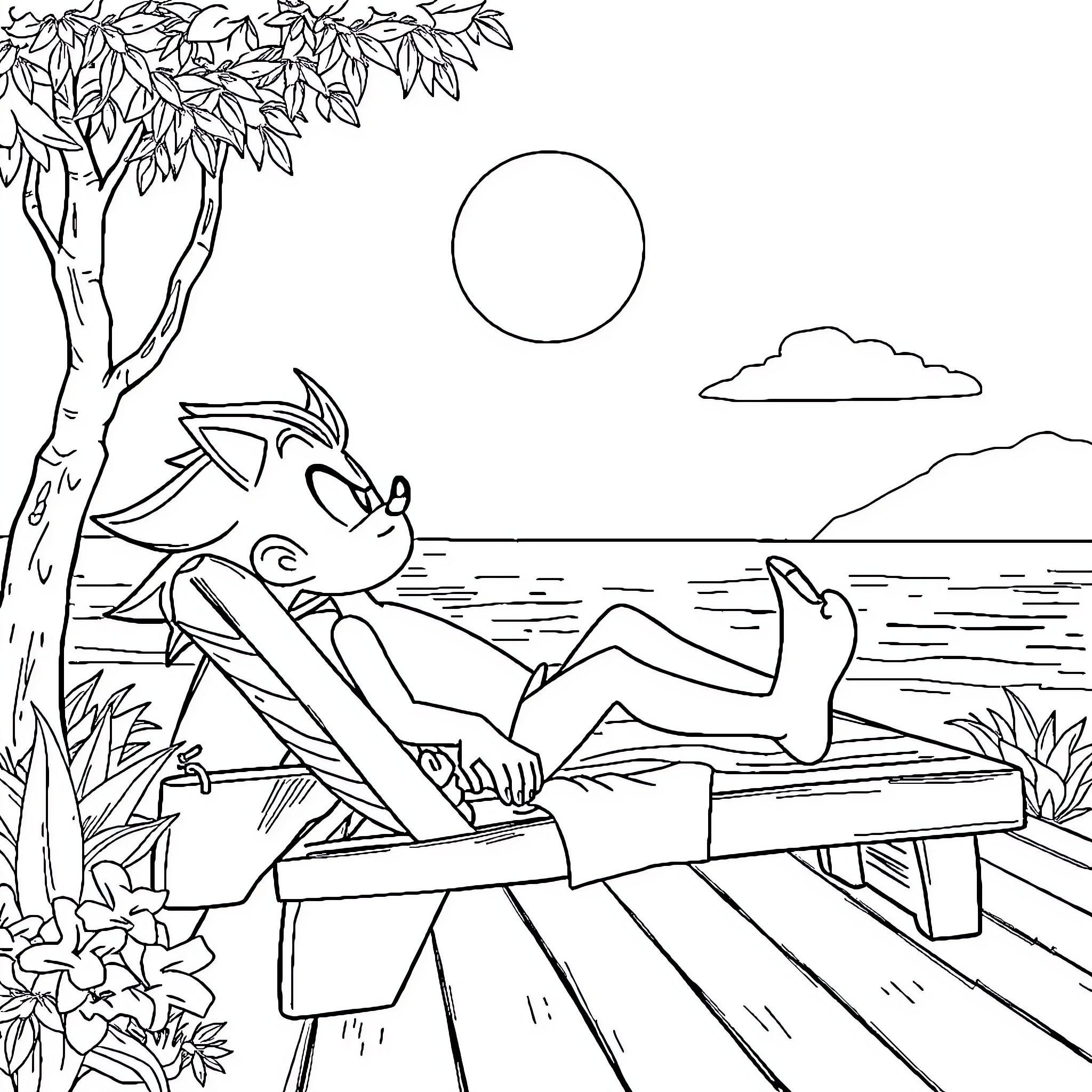Sonic relaxing peacefully on a wooden dock Coloring Page (free black-and-white line drawing printable PDF for all, from beginners to advanced learners, including children, teens, adults, and seniors)