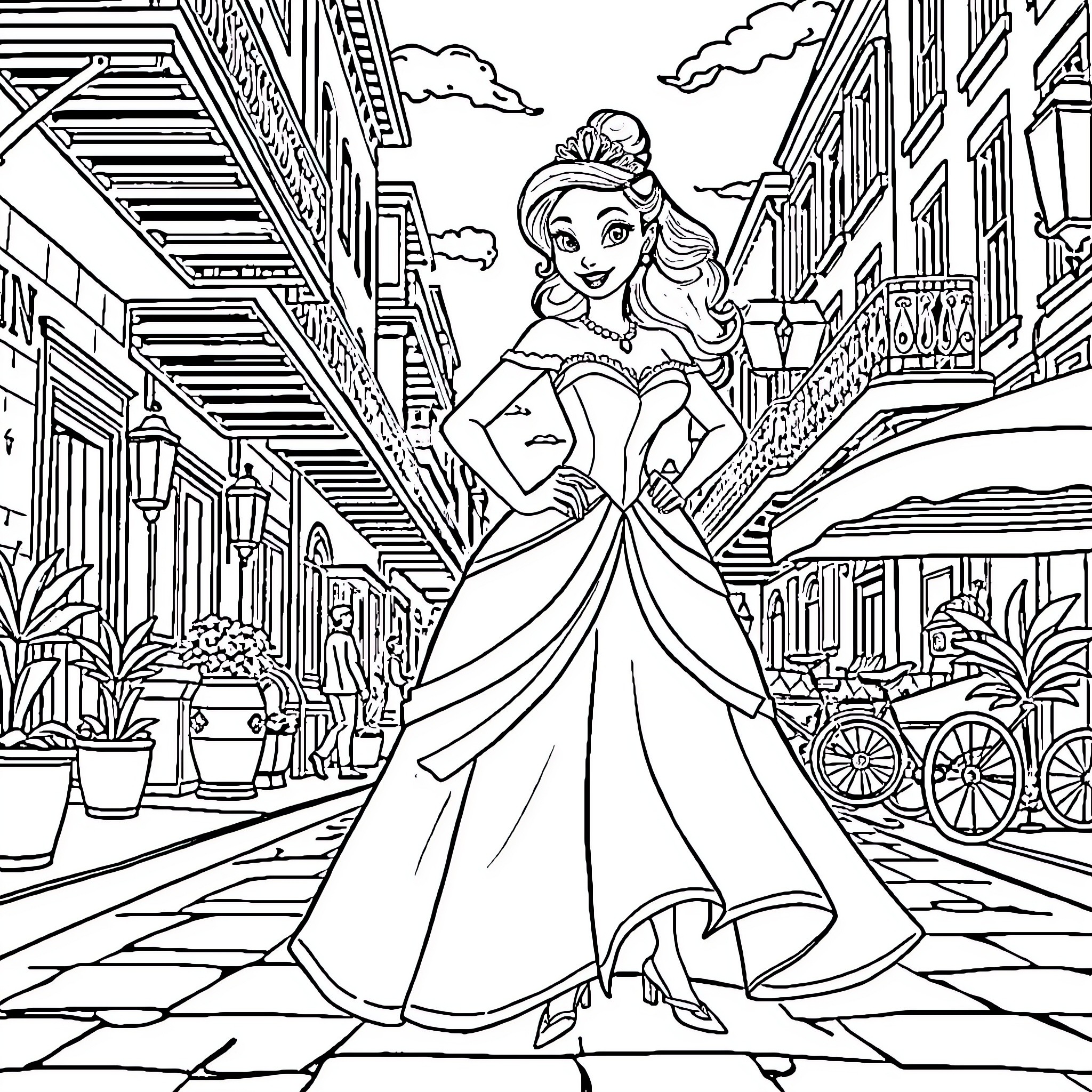 Princess Exploring the Bustling City Streets Coloring Page (free black-and-white line drawing printable PDF for all, from beginners to advanced learners, including children, teens, adults, and seniors)