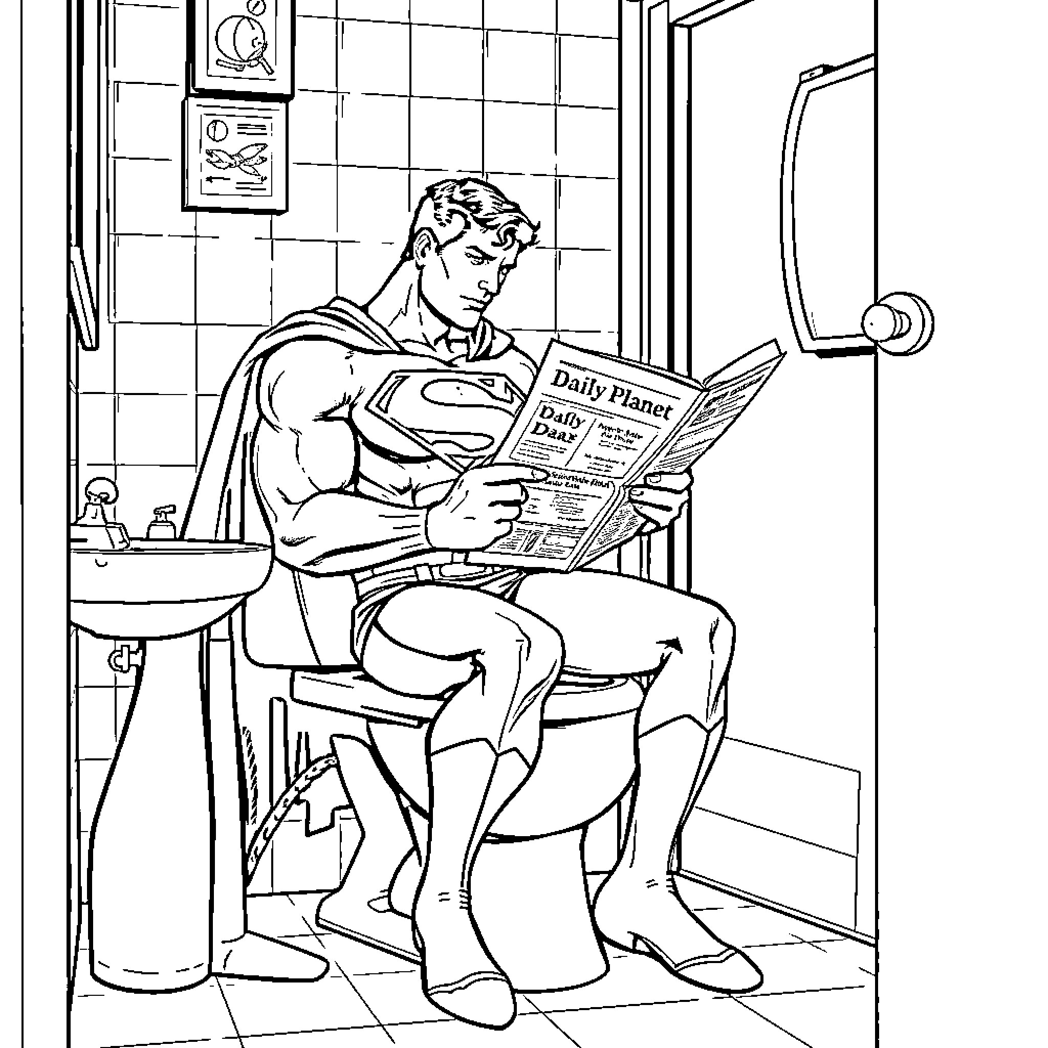 Superman reading the Daily Planet newspaper Coloring Page (free black-and-white line drawing printable PDF for all, from beginners to advanced learners, including children, teens, adults, and seniors)