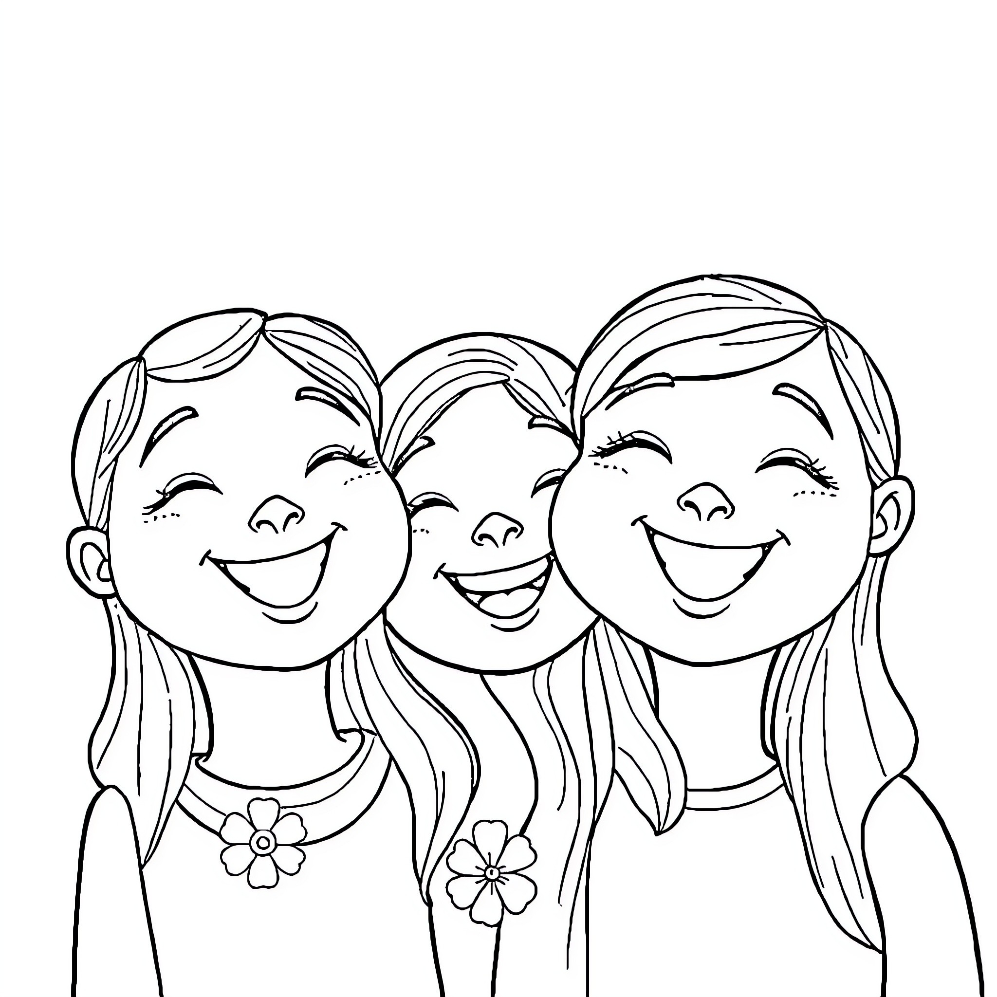 Vowel Trio Sharing Cheerful Expressions Coloring Page (free black-and-white line drawing printable PDF for all, from beginners to advanced learners, including children, teens, adults, and seniors)