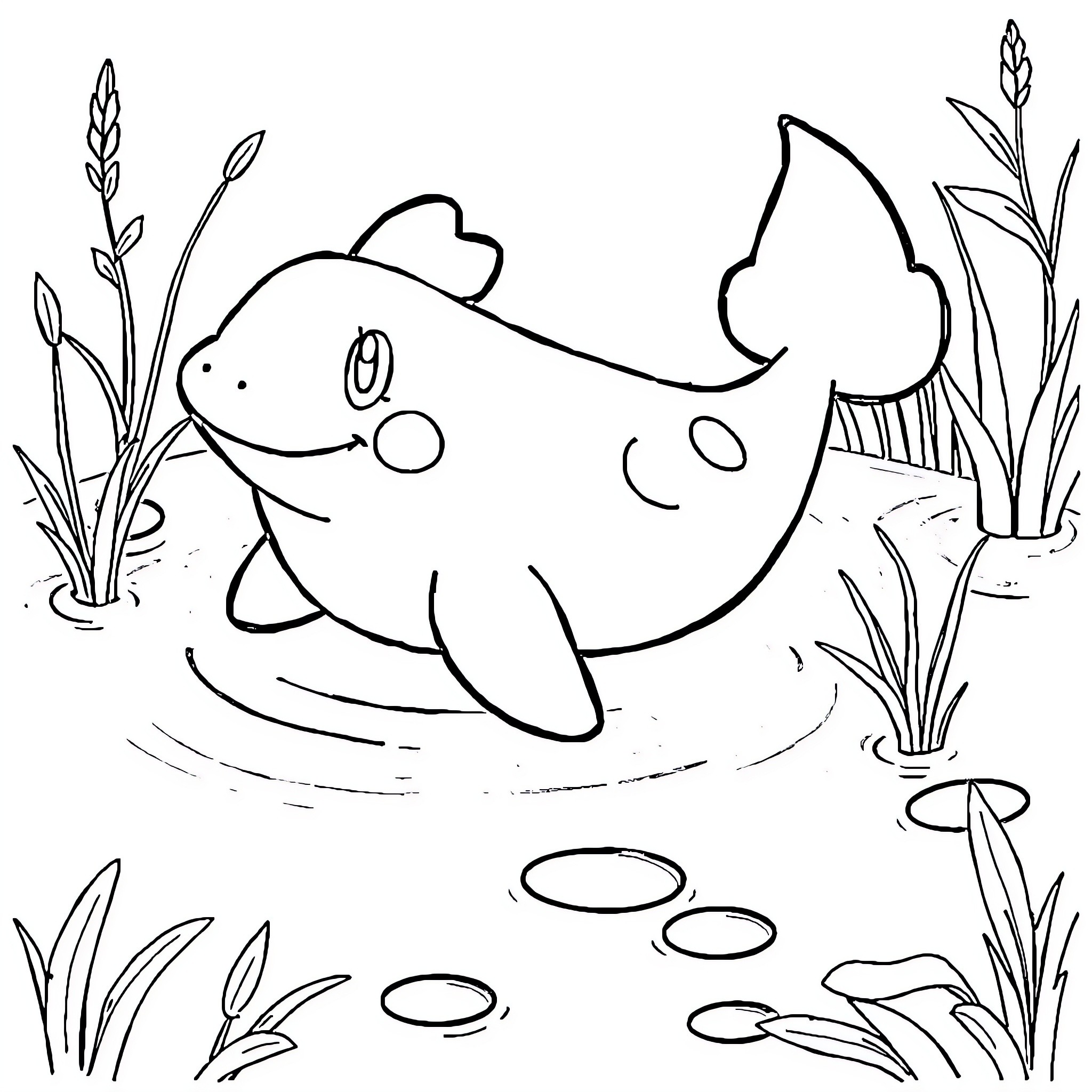 Quagsire swimming happily in the water Coloring Page (free black-and-white line drawing printable PDF for all, from beginners to advanced learners, including children, teens, adults, and seniors)