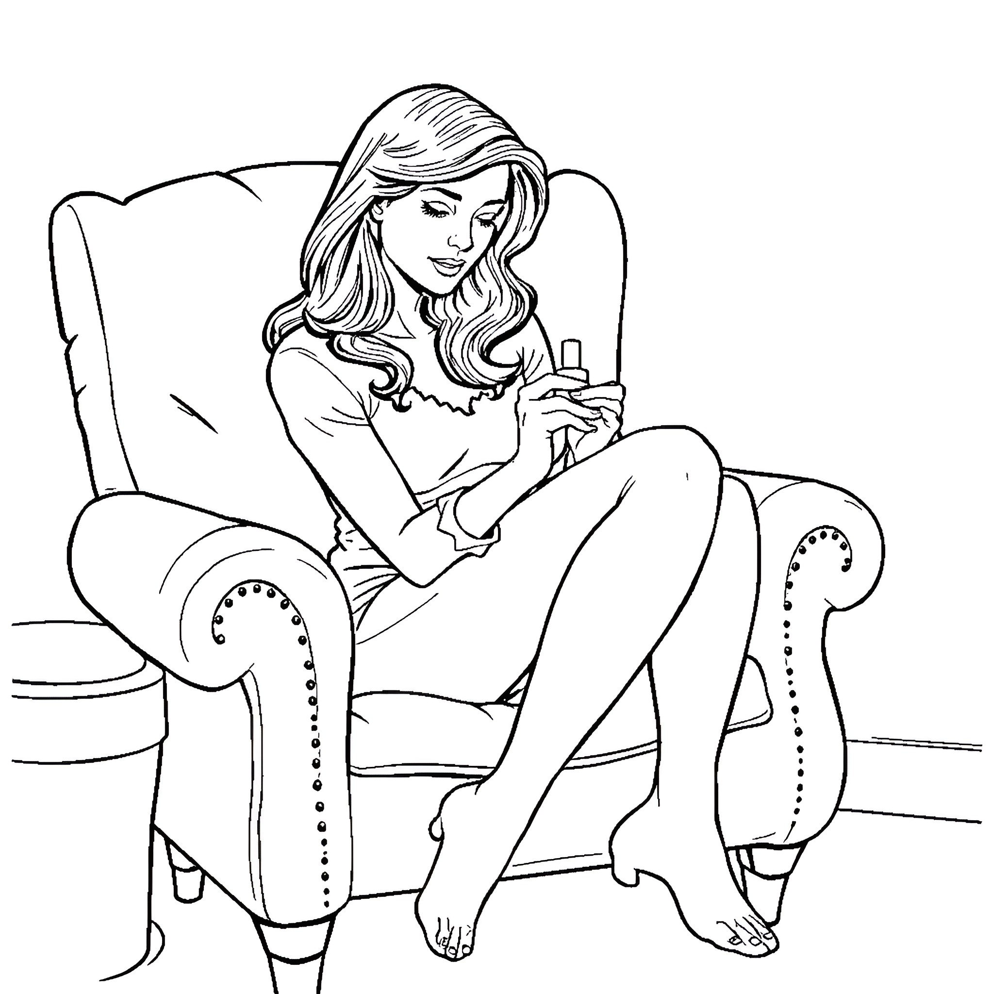 Lois Lane relaxing in an armchair Coloring Page (free black-and-white line drawing printable PDF for all, from beginners to advanced learners, including children, teens, adults, and seniors)