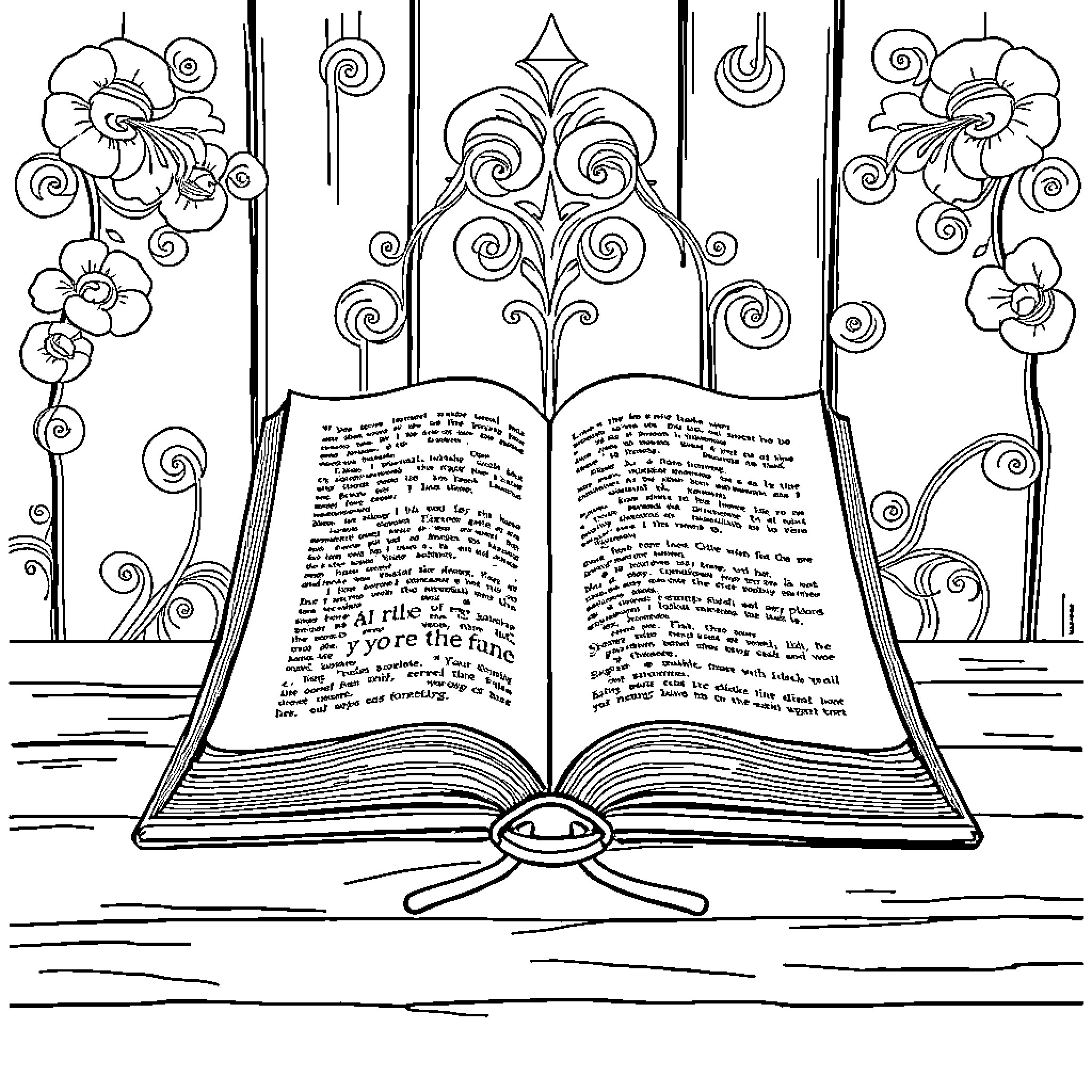 Biblia: Ornate Book and Floral Frames Coloring Page (free black-and-white line drawing printable PDF for all, from beginners to advanced learners, including children, teens, adults, and seniors)