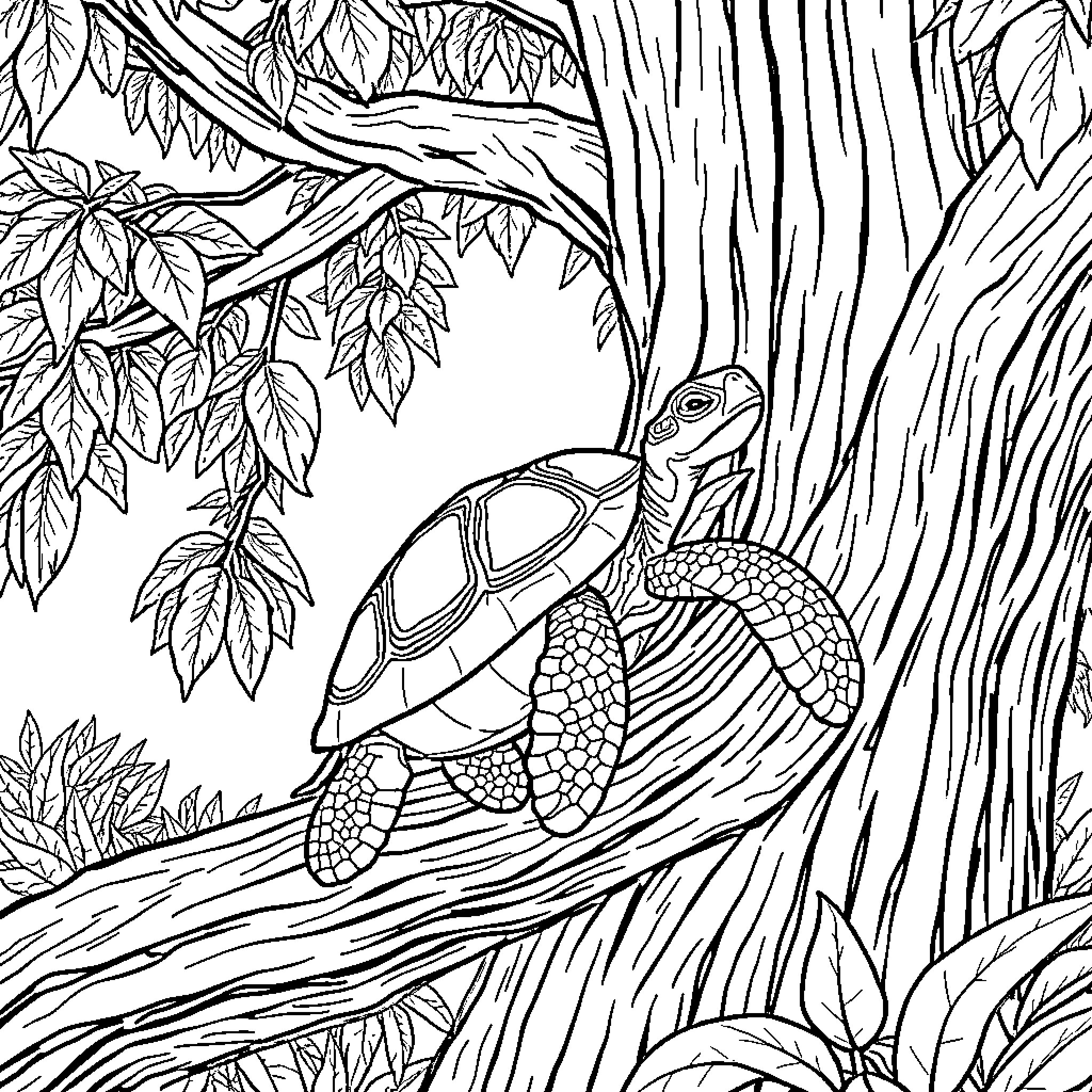 Turtle resting peacefully in the forest Coloring Page (free black-and-white line drawing printable PDF for all, from beginners to advanced learners, including children, teens, adults, and seniors)