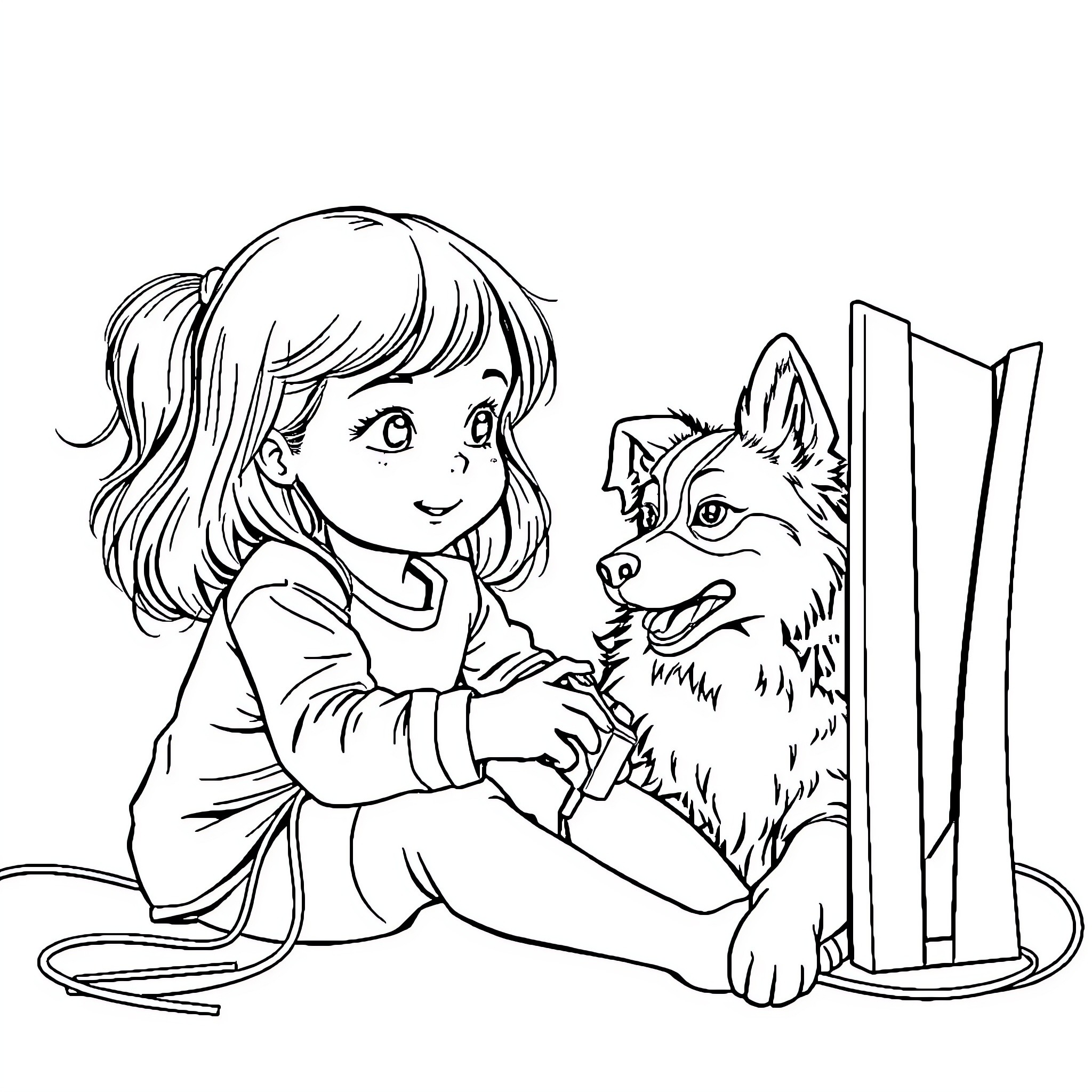 Australian Shepherd and Girl Playing Together Coloring Page (free black-and-white line drawing printable PDF for all, from beginners to advanced learners, including children, teens, adults, and seniors)