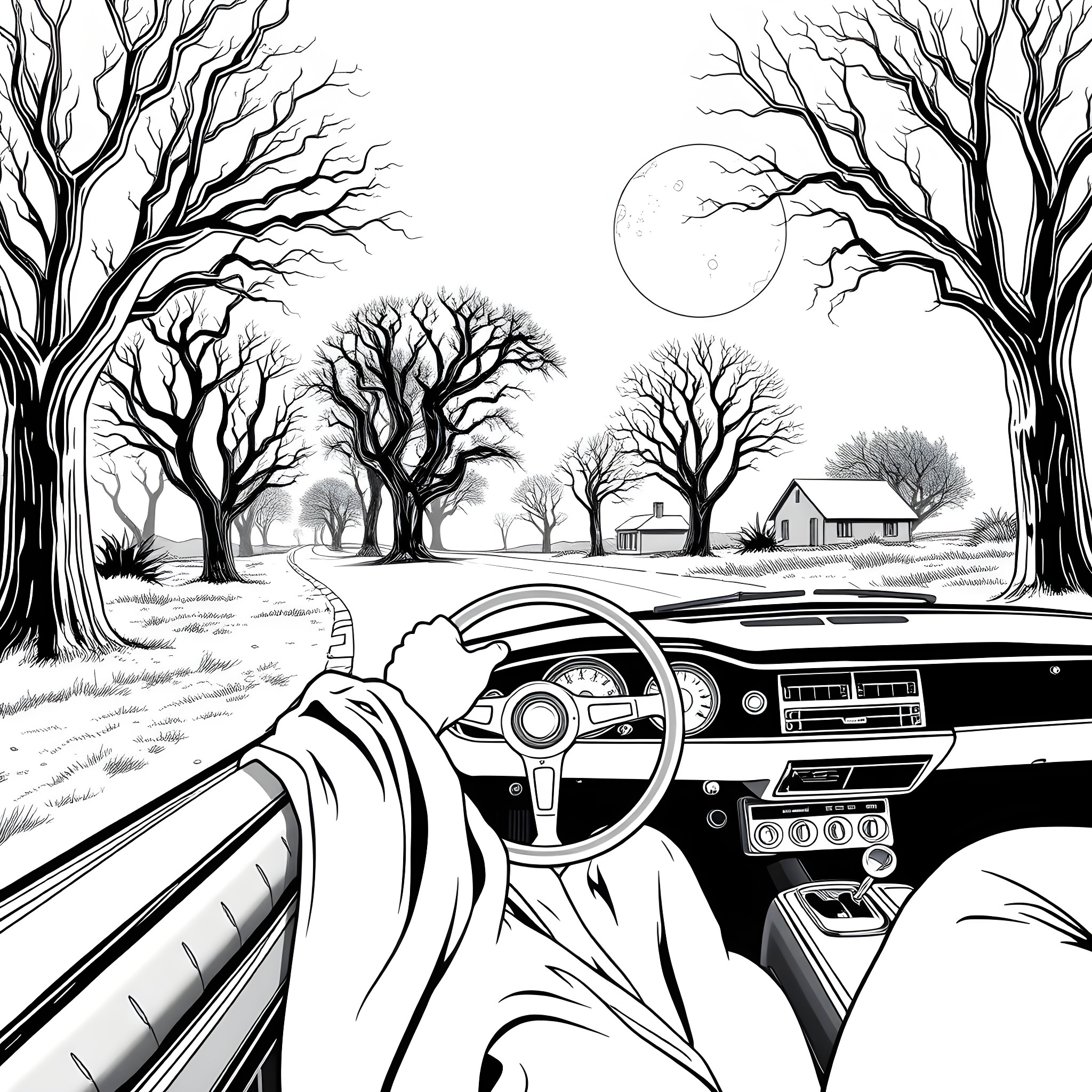 Ghost driving through a haunted winter landscape Coloring Page (free black-and-white line drawing printable PDF for all, from beginners to advanced learners, including children, teens, adults, and seniors)