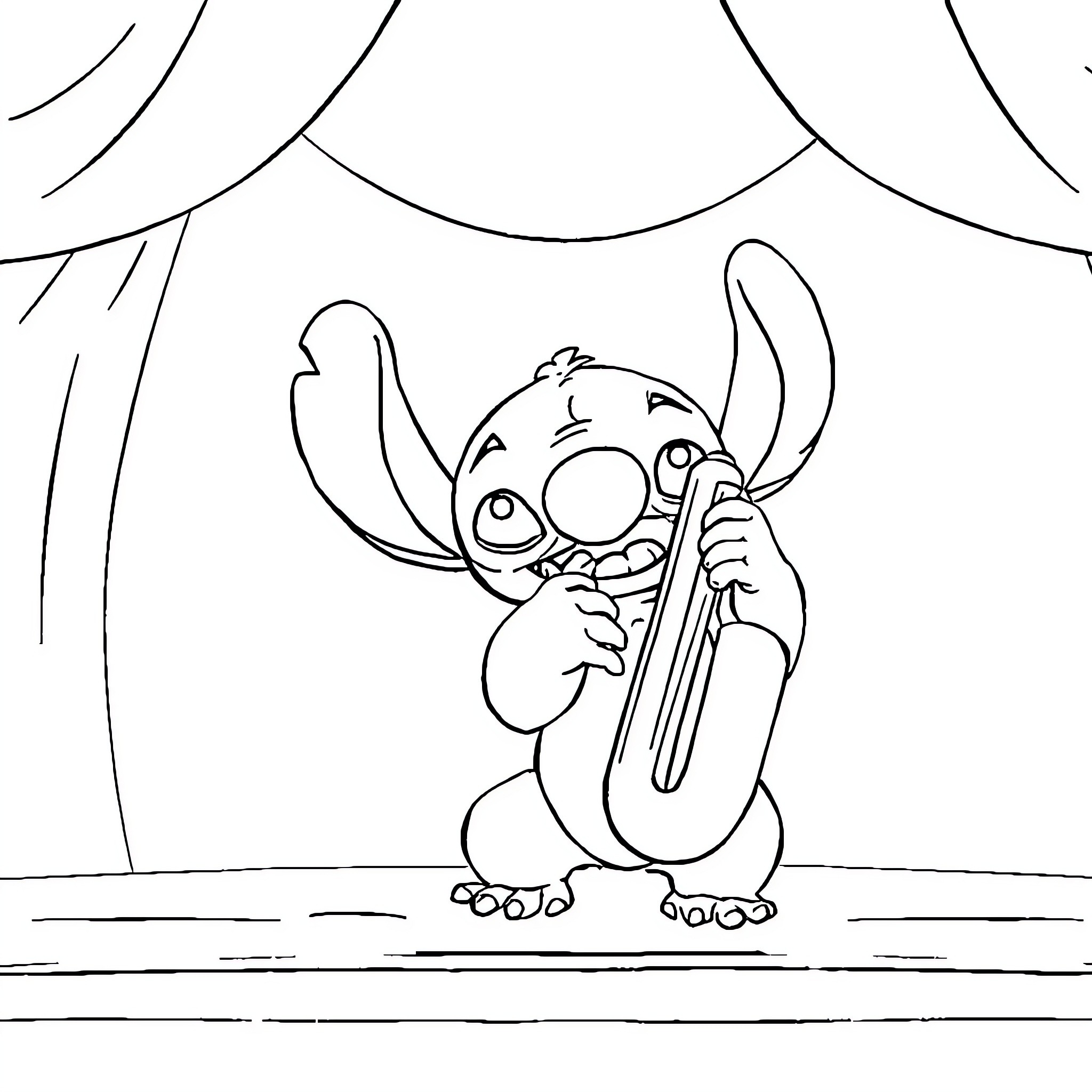 Stitch playing with a wrench on stage Coloring Page (free black-and-white line drawing printable PDF for all, from beginners to advanced learners, including children, teens, adults, and seniors)