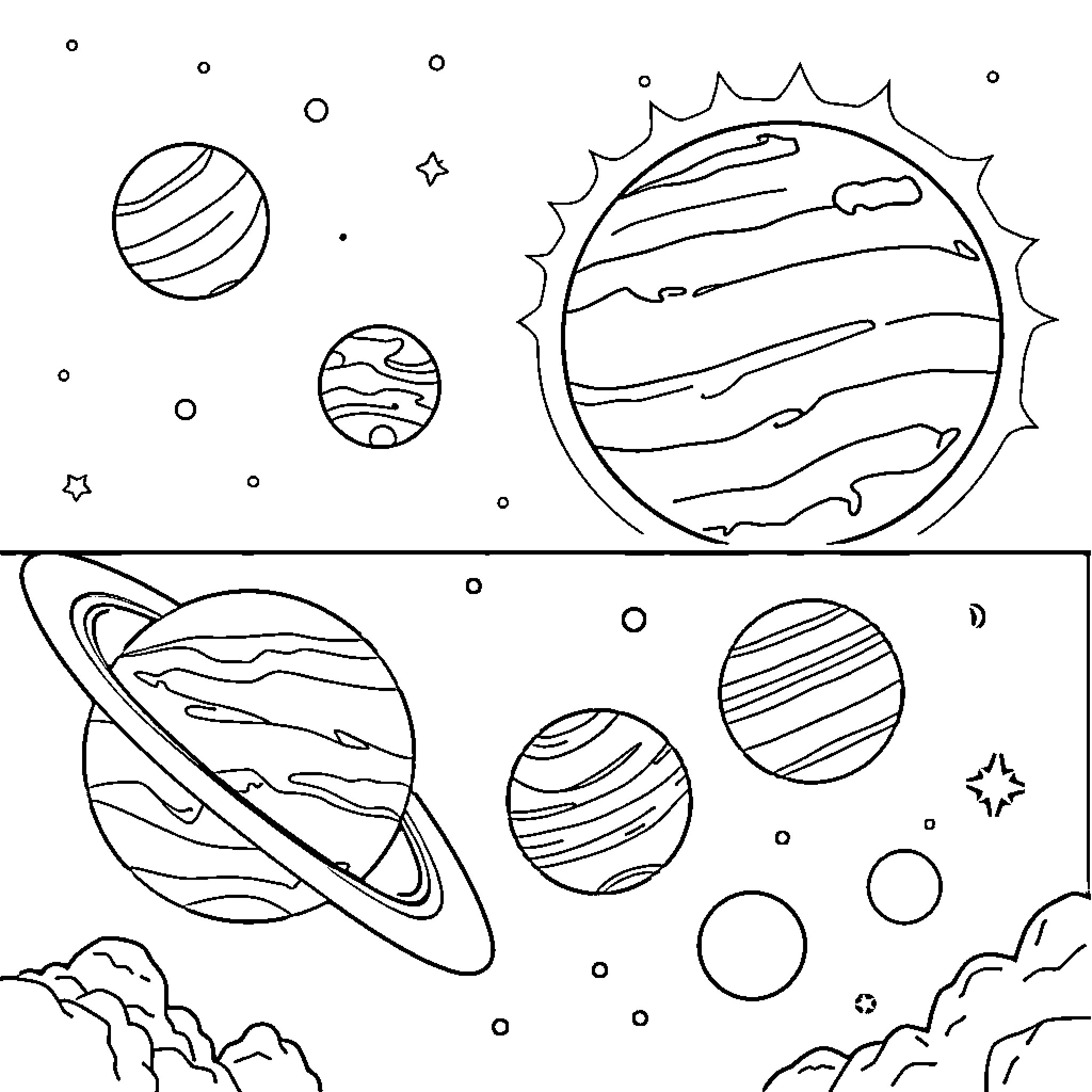 Planet Exploration of the Solar System Coloring Page (free black-and-white line drawing printable PDF for all, from beginners to advanced learners, including children, teens, adults, and seniors)