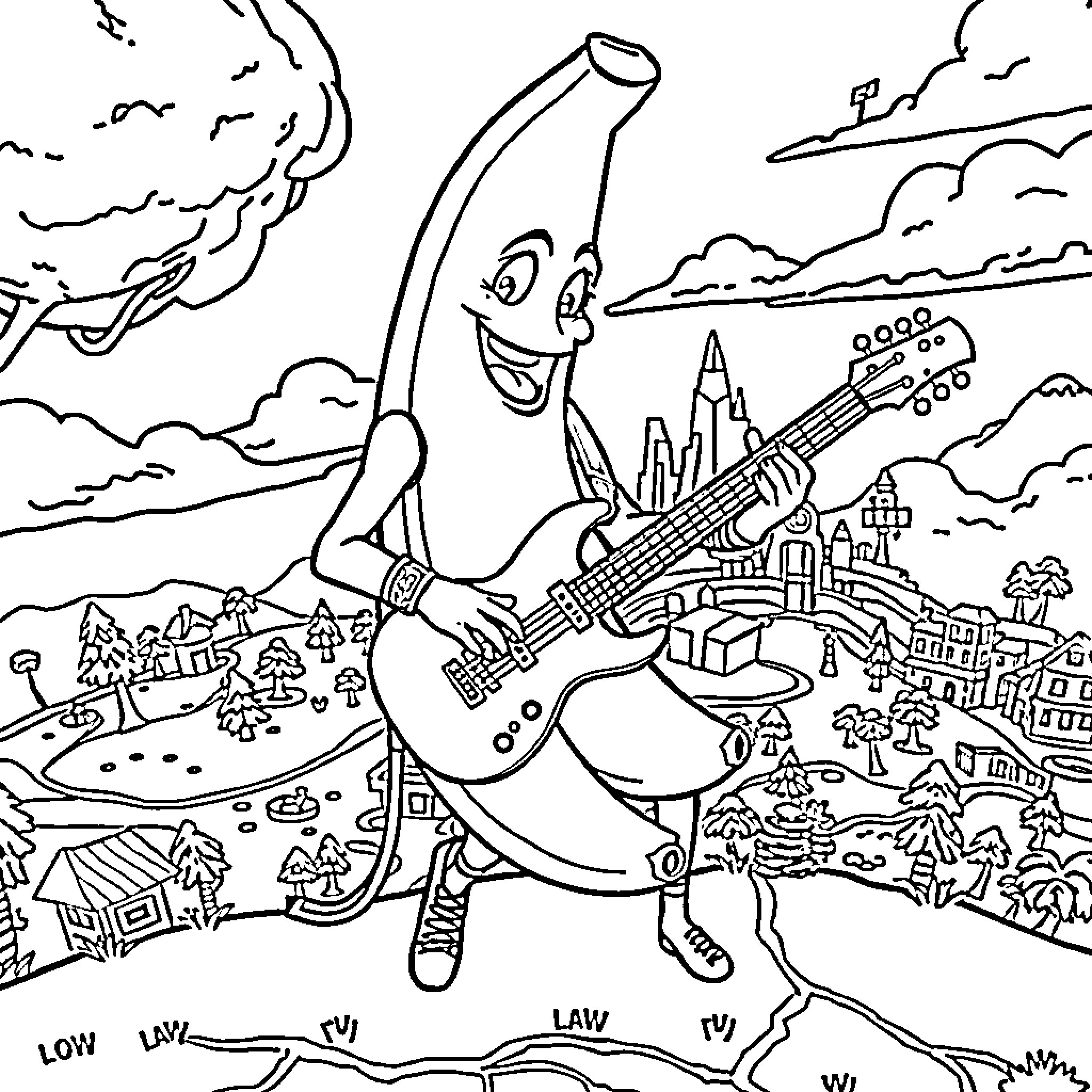 Banana character playing guitar in a fantastical landscape Coloring Page (free black-and-white line drawing printable PDF for all, from beginners to advanced learners, including children, teens, adults, and seniors)