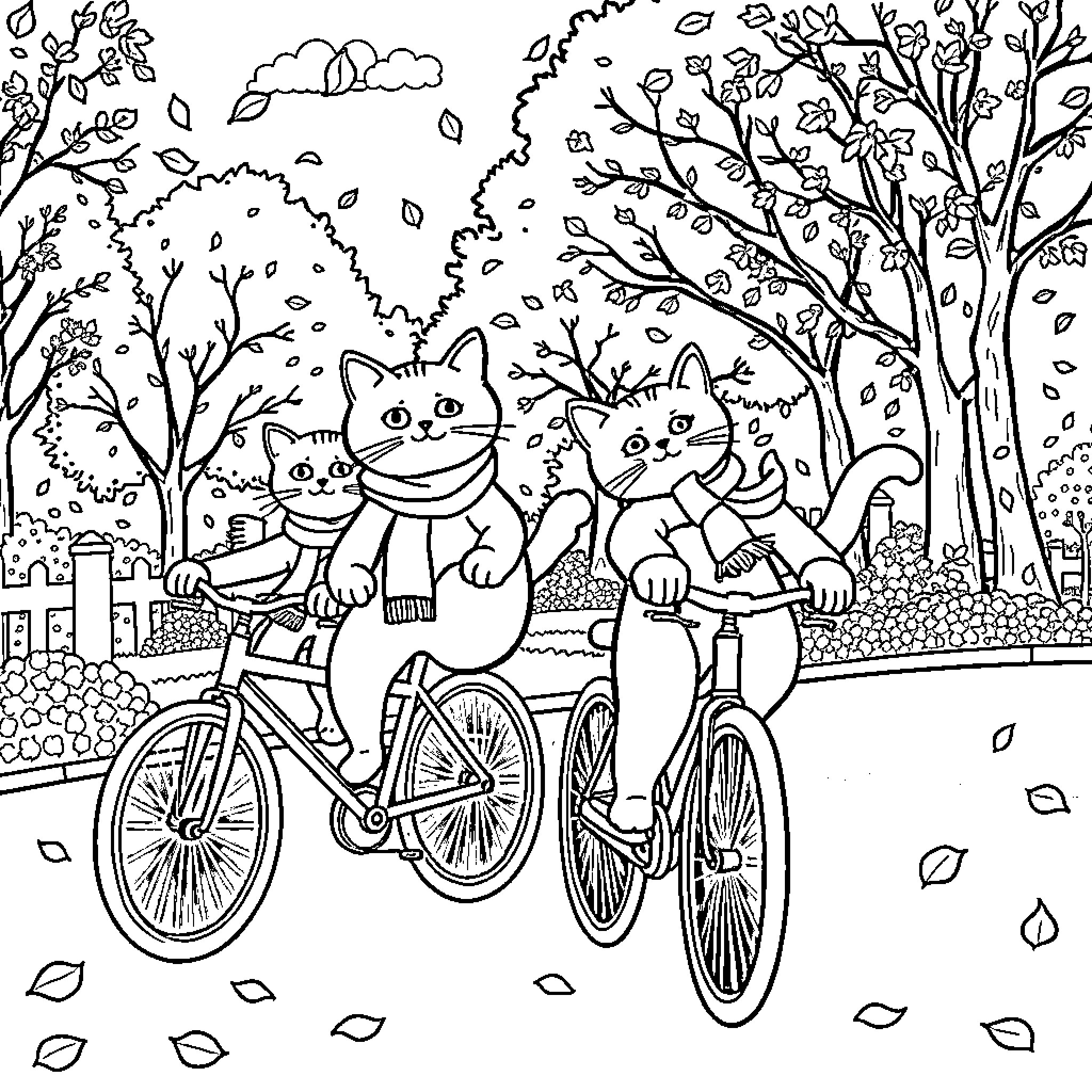 Cats riding bicycles in an autumn landscape Coloring Page (free black-and-white line drawing printable PDF for all, from beginners to advanced learners, including children, teens, adults, and seniors)