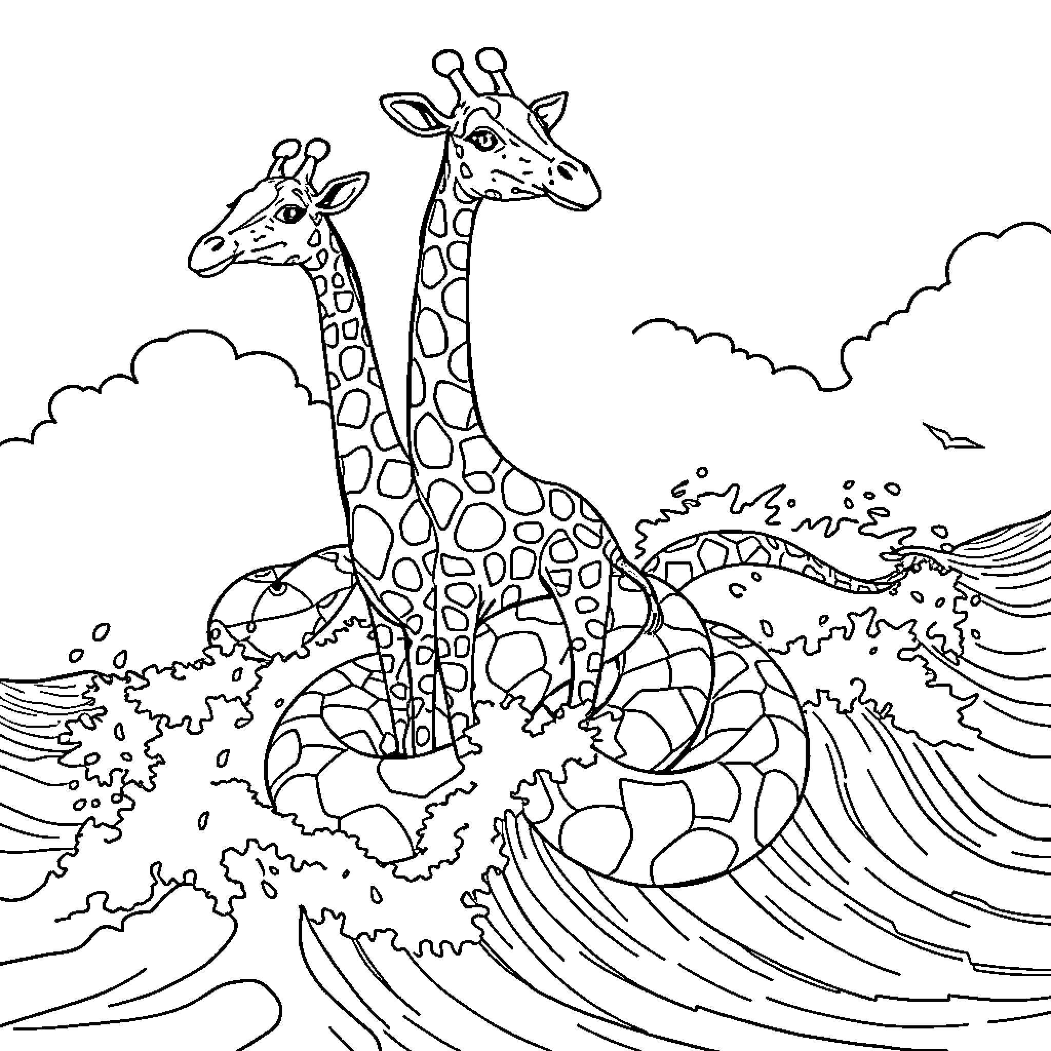 Giraffes enjoying the waves and clouds Coloring Page (free black-and-white line drawing printable PDF for all, from beginners to advanced learners, including children, teens, adults, and seniors)