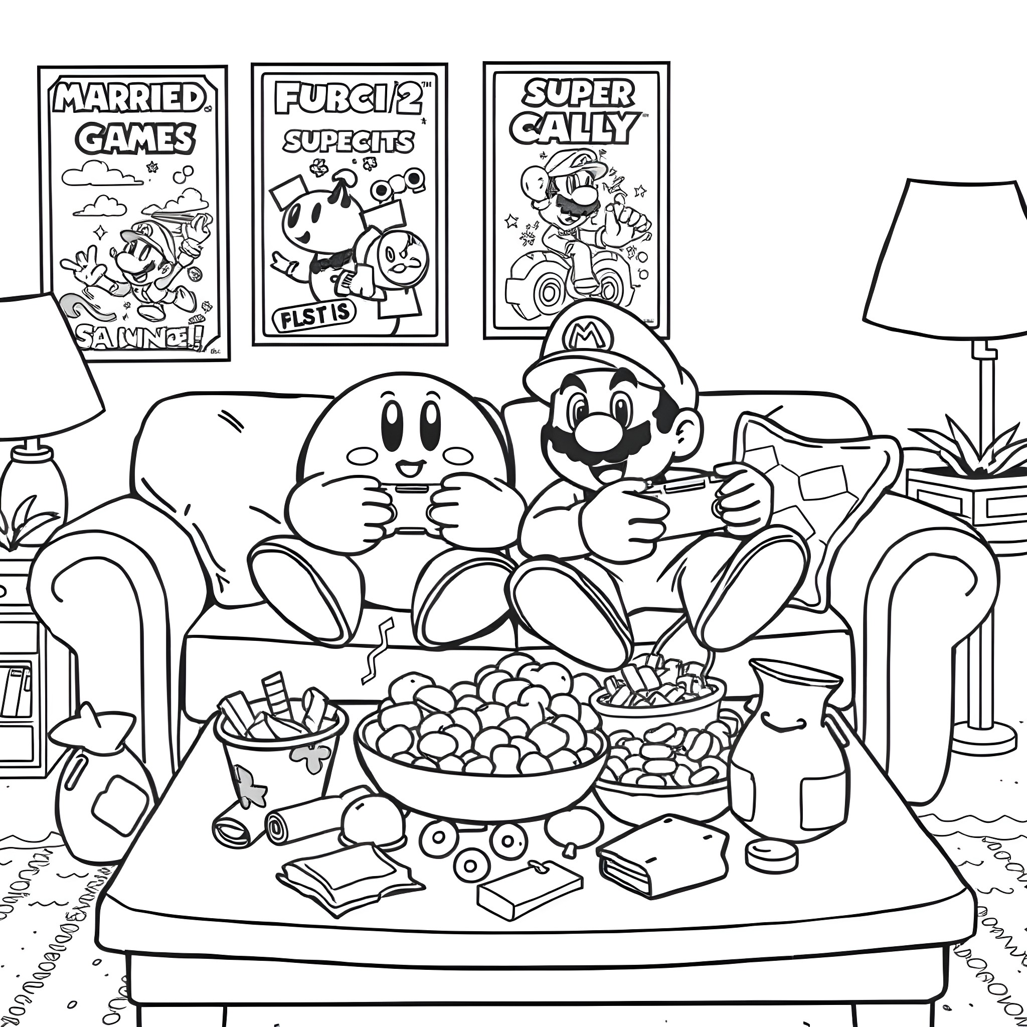 Kirby and Mario enjoy snacks while playing video games Coloring Page (free black-and-white line drawing printable PDF for all, from beginners to advanced learners, including children, teens, adults, and seniors)
