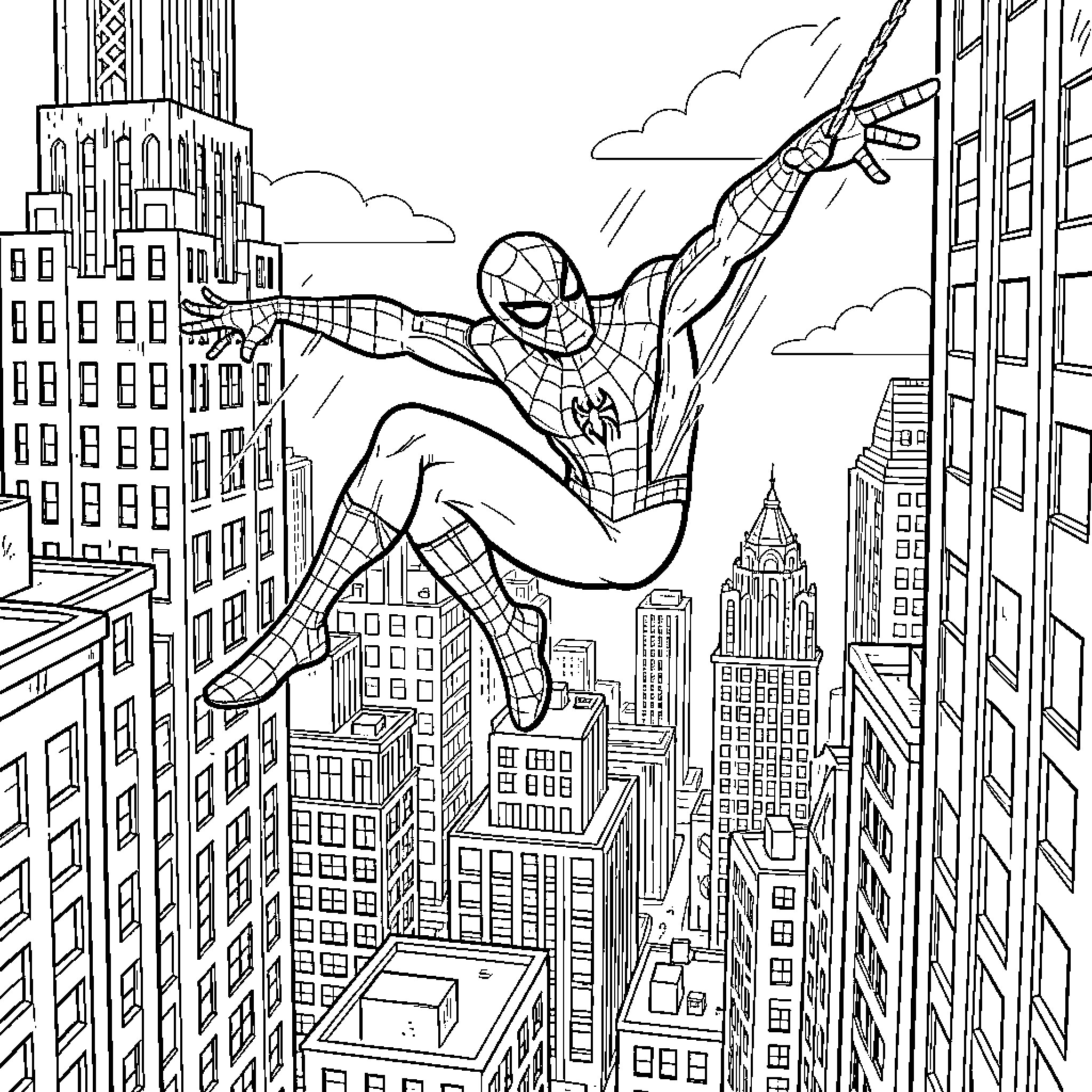 Spider-Man swinging through a dense cityscape Coloring Page (free black-and-white line drawing printable PDF for all, from beginners to advanced learners, including children, teens, adults, and seniors)