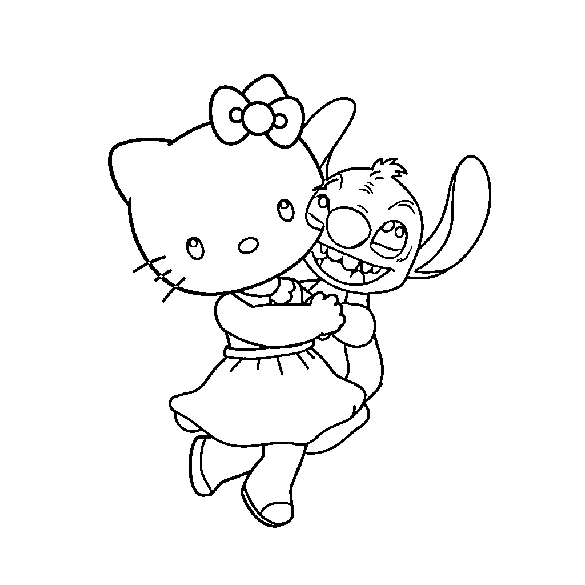 Hello Kitty cheerful with Stitch Coloring Page (free black-and-white line drawing printable PDF for all, from beginners to advanced learners, including children, teens, adults, and seniors)
