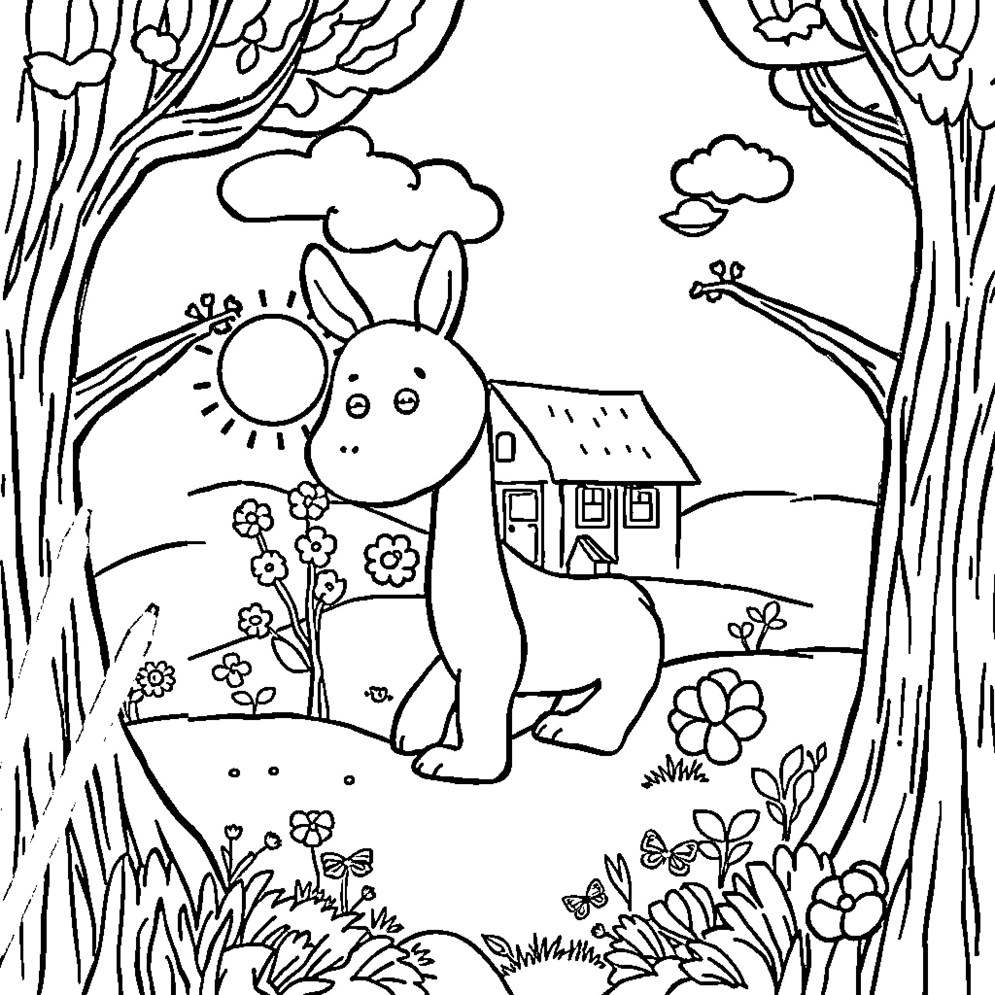 Workbook: Rabbit in Flower-Filled Countryside Coloring Page (free black-and-white line drawing printable PDF for all, from beginners to advanced learners, including children, teens, adults, and seniors)