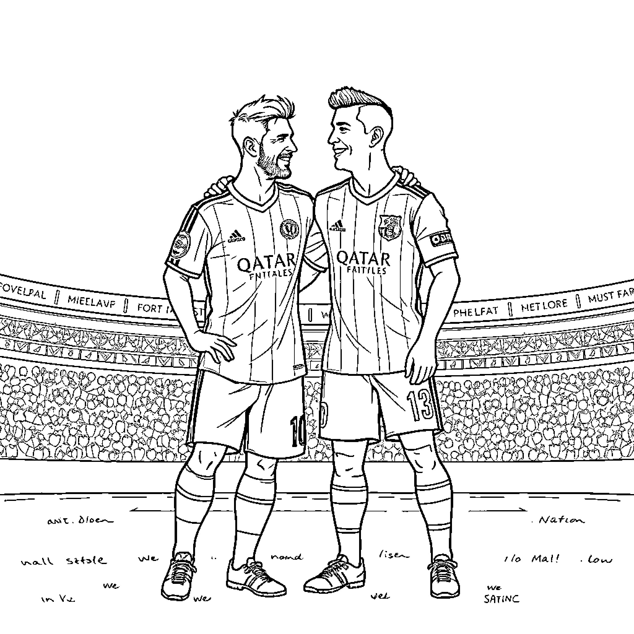 Messi and Ronaldo facing each other on the soccer field Coloring Page (free black-and-white line drawing printable PDF for all, from beginners to advanced learners, including children, teens, adults, and seniors)