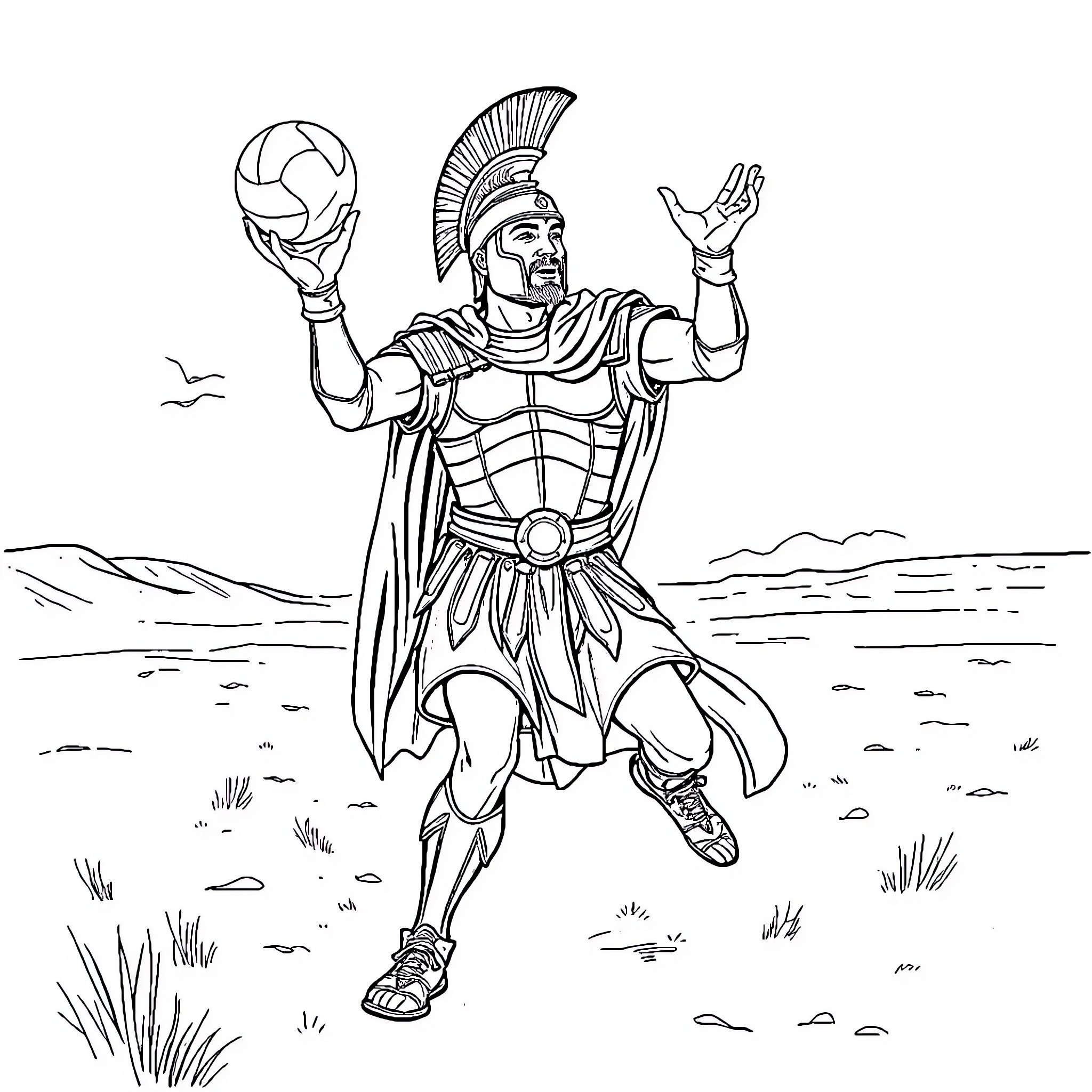 Roman Soldier Triumphantly Brandishing Weapon on Battlefield Coloring Page (free black-and-white line drawing printable PDF for all, from beginners to advanced learners, including children, teens, adults, and seniors)