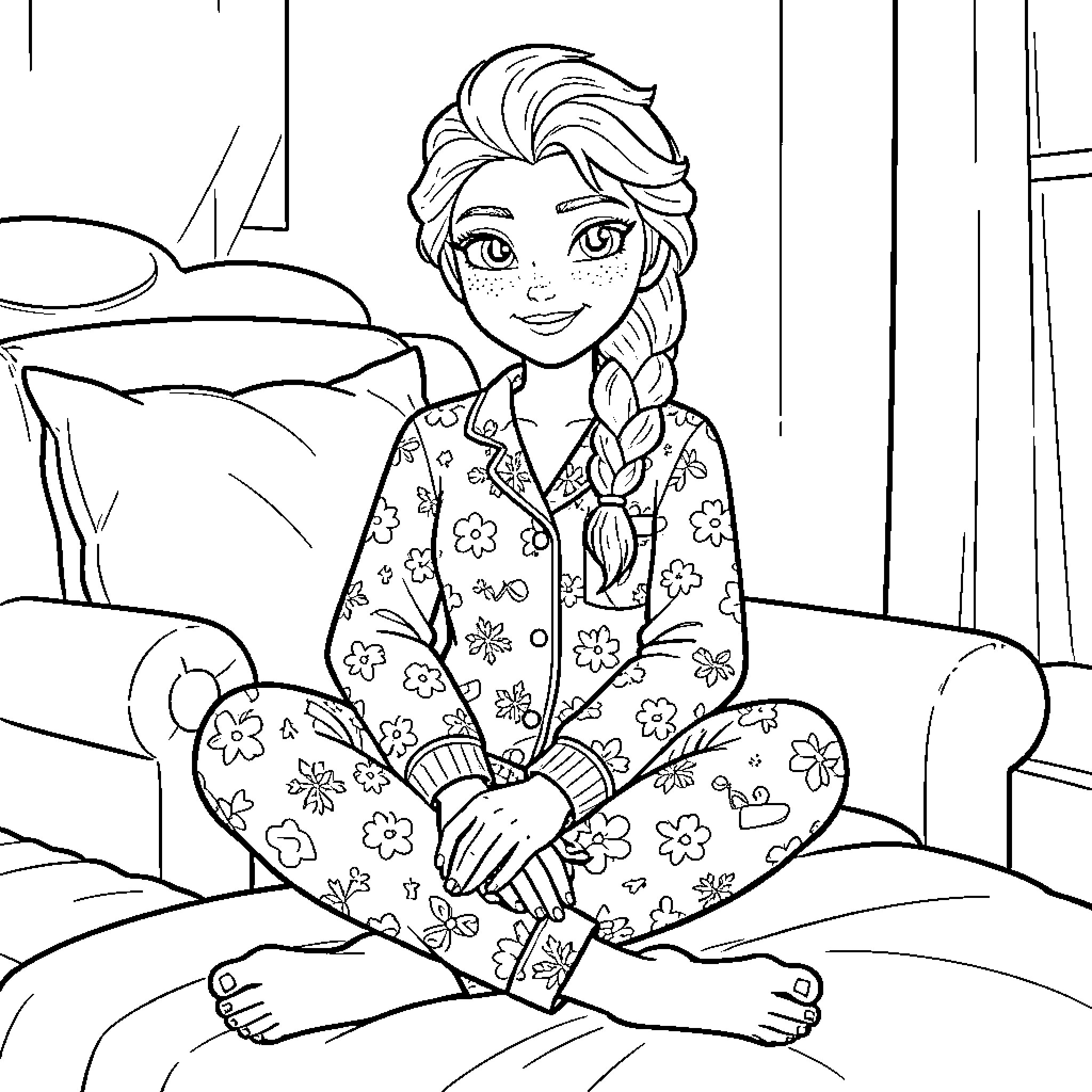 Elsa sitting cross-legged wearing floral pajamas Coloring Page (free black-and-white line drawing printable PDF for all, from beginners to advanced learners, including children, teens, adults, and seniors)
