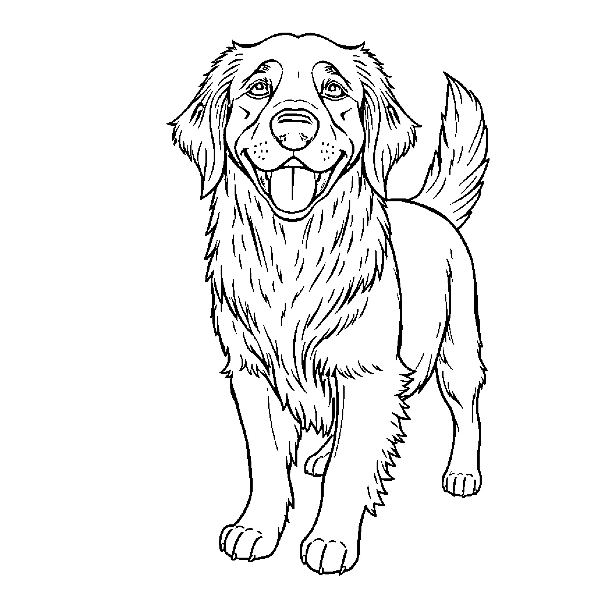 Golden Retriever standing happily Coloring Page (free black-and-white line drawing printable PDF for all, from beginners to advanced learners, including children, teens, adults, and seniors)