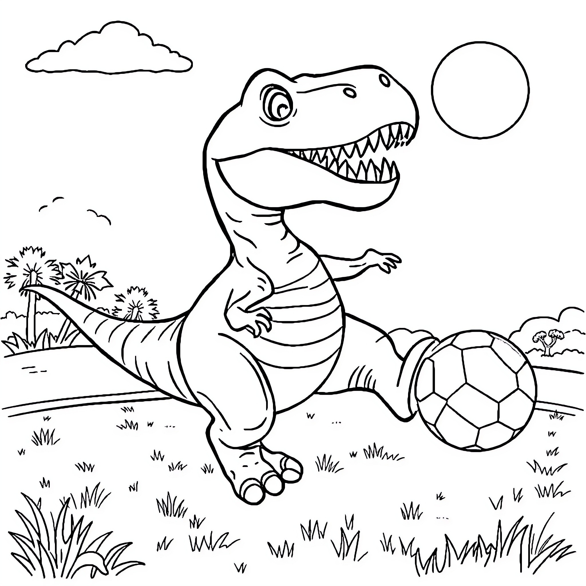 Dinosaur playing with soccer ball in the park Coloring Page (free black-and-white line drawing printable PDF for all, from beginners to advanced learners, including children, teens, adults, and seniors)