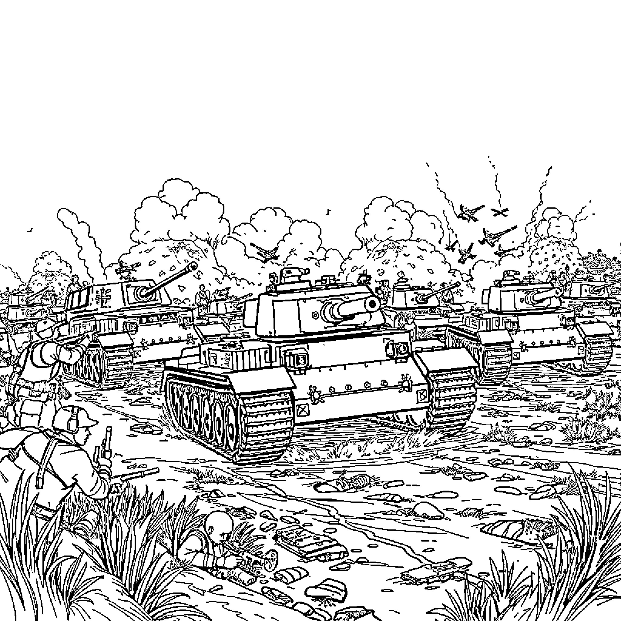Tank assault on the battlefield with explosions Coloring Page (free black-and-white line drawing printable PDF for all, from beginners to advanced learners, including children, teens, adults, and seniors)