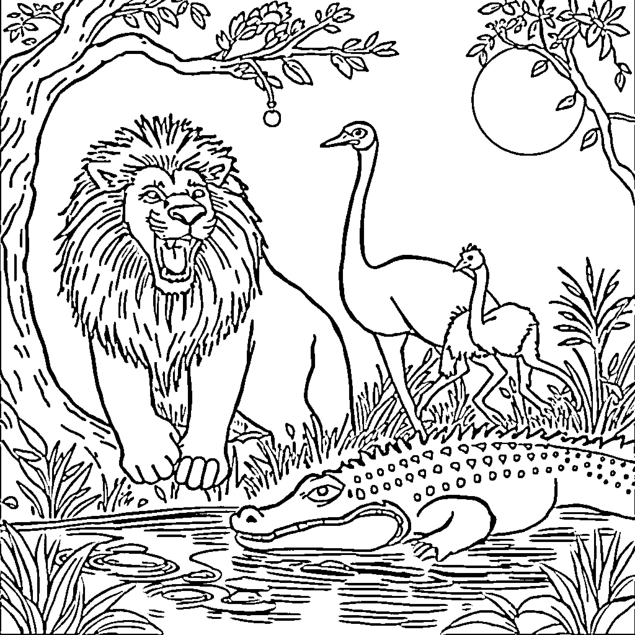 Animal wildlife scene with lion and ostrich Coloring Page (free black-and-white line drawing printable PDF for all, from beginners to advanced learners, including children, teens, adults, and seniors)