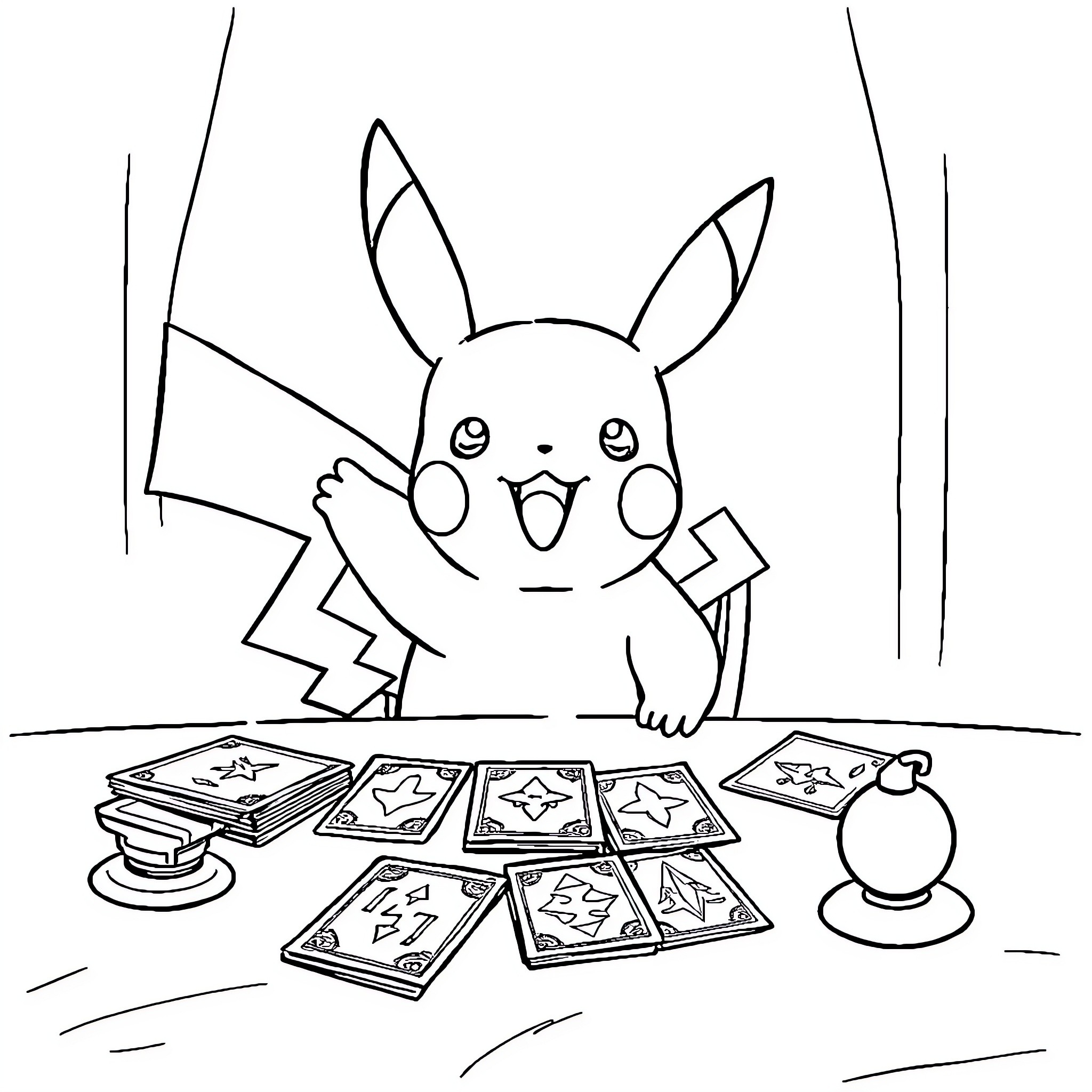 Pikachu playing with magic cards Coloring Page (free black-and-white line drawing printable PDF for all, from beginners to advanced learners, including children, teens, adults, and seniors)