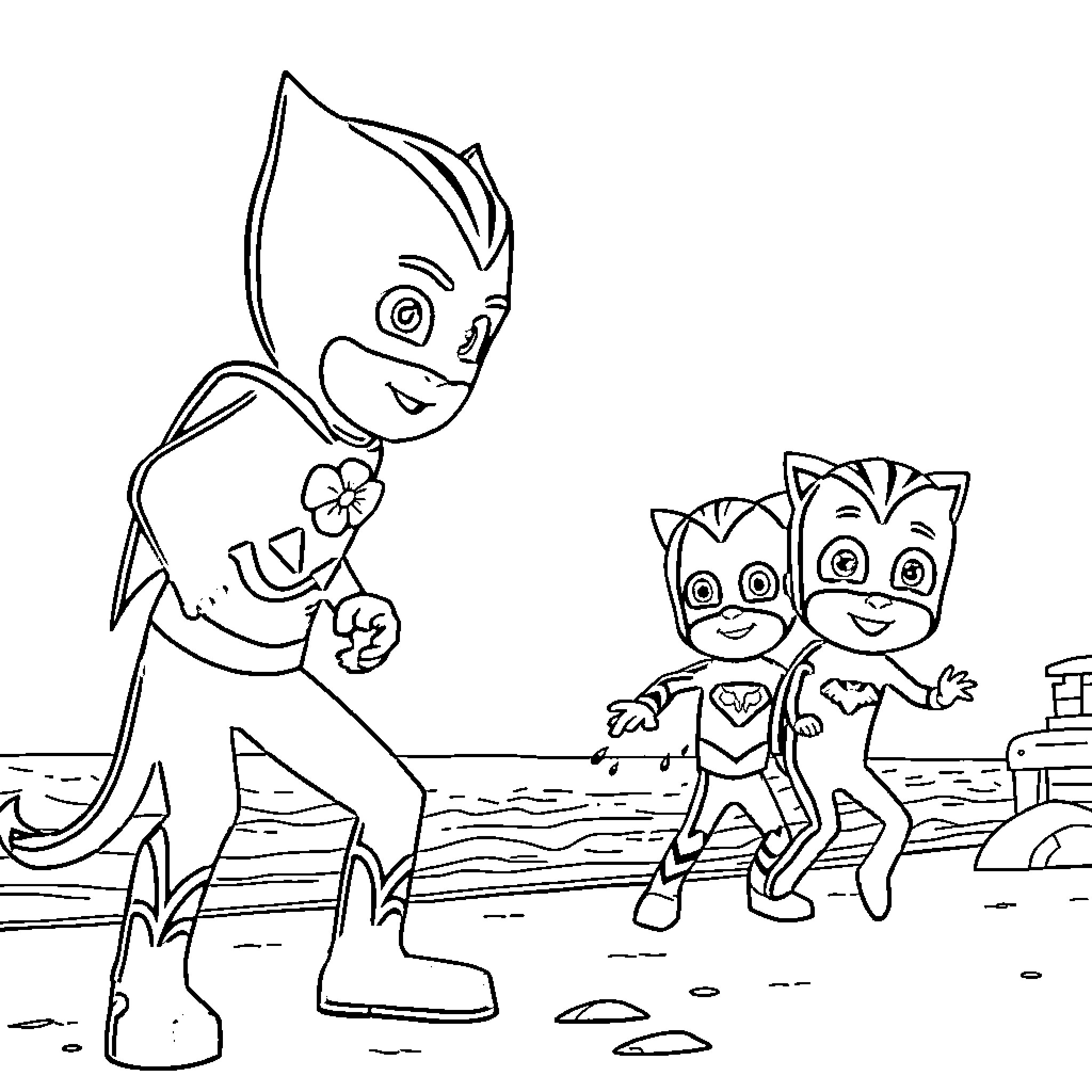 Pj Mask characters in action Coloring Page (free black-and-white line drawing printable PDF for all, from beginners to advanced learners, including children, teens, adults, and seniors)