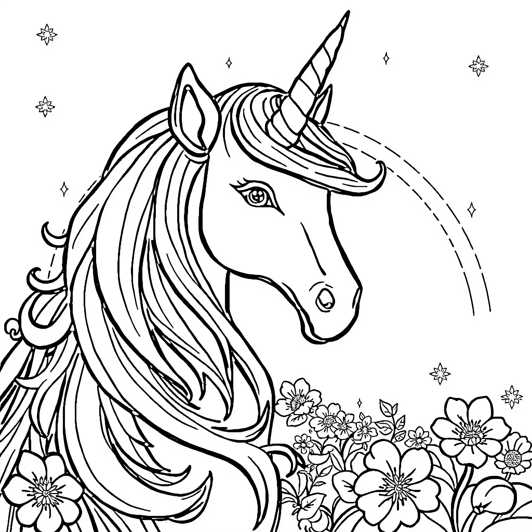 Unicorn with Flowing Mane and Magical Flowers Coloring Page (free black-and-white line drawing printable PDF for all, from beginners to advanced learners, including children, teens, adults, and seniors)
