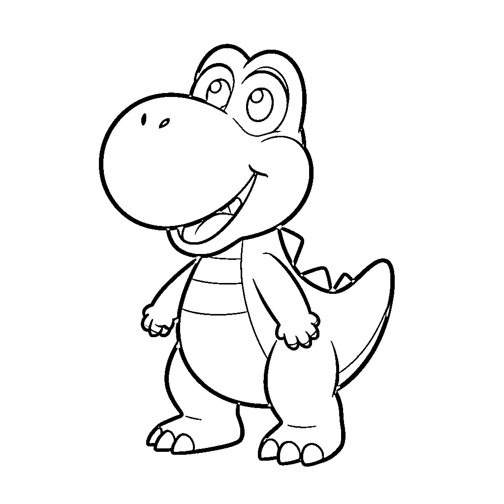 Yoshi the Cheerful Dinosaur Coloring Page (free black-and-white line drawing printable PDF for all, from beginners to advanced learners, including children, teens, adults, and seniors)