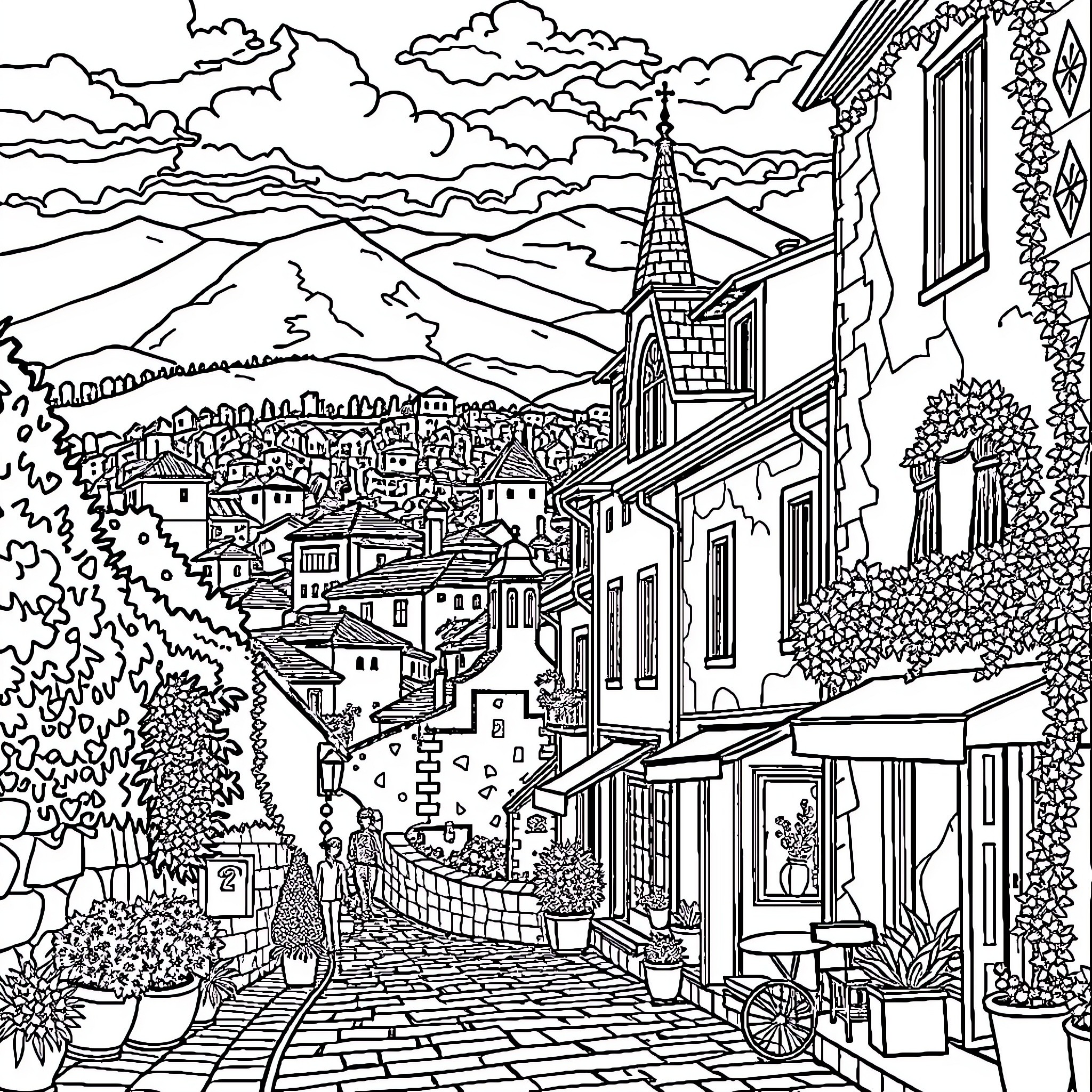 Italy Town Strolling Cobblestone Street Scene Coloring Page (free black-and-white line drawing printable PDF for all, from beginners to advanced learners, including children, teens, adults, and seniors)