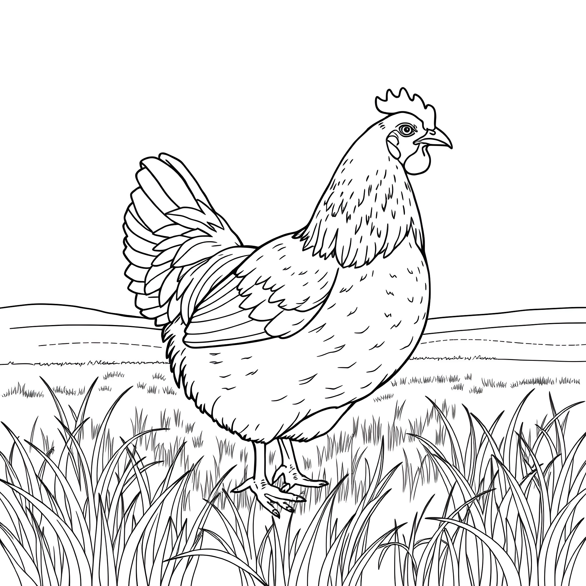 Hen standing proudly in the field Coloring Page (free black-and-white line drawing printable PDF for all, from beginners to advanced learners, including children, teens, adults, and seniors)