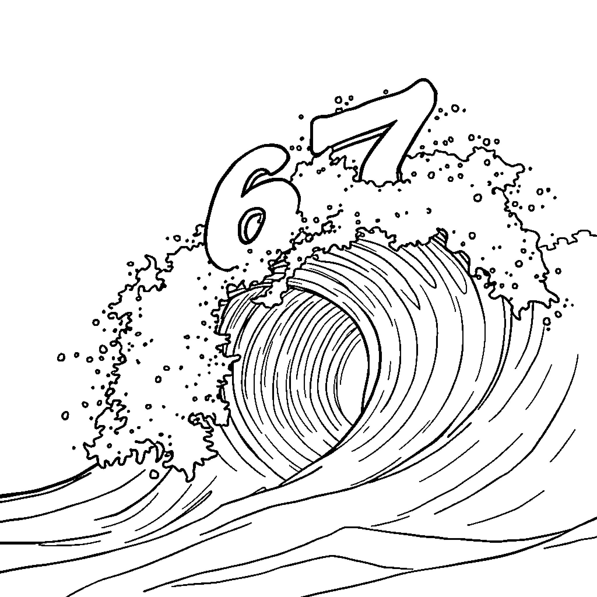 Number 67 Playful Wave with Splashing Bubbles Coloring Page (free black-and-white line drawing printable PDF for all, from beginners to advanced learners, including children, teens, adults, and seniors)
