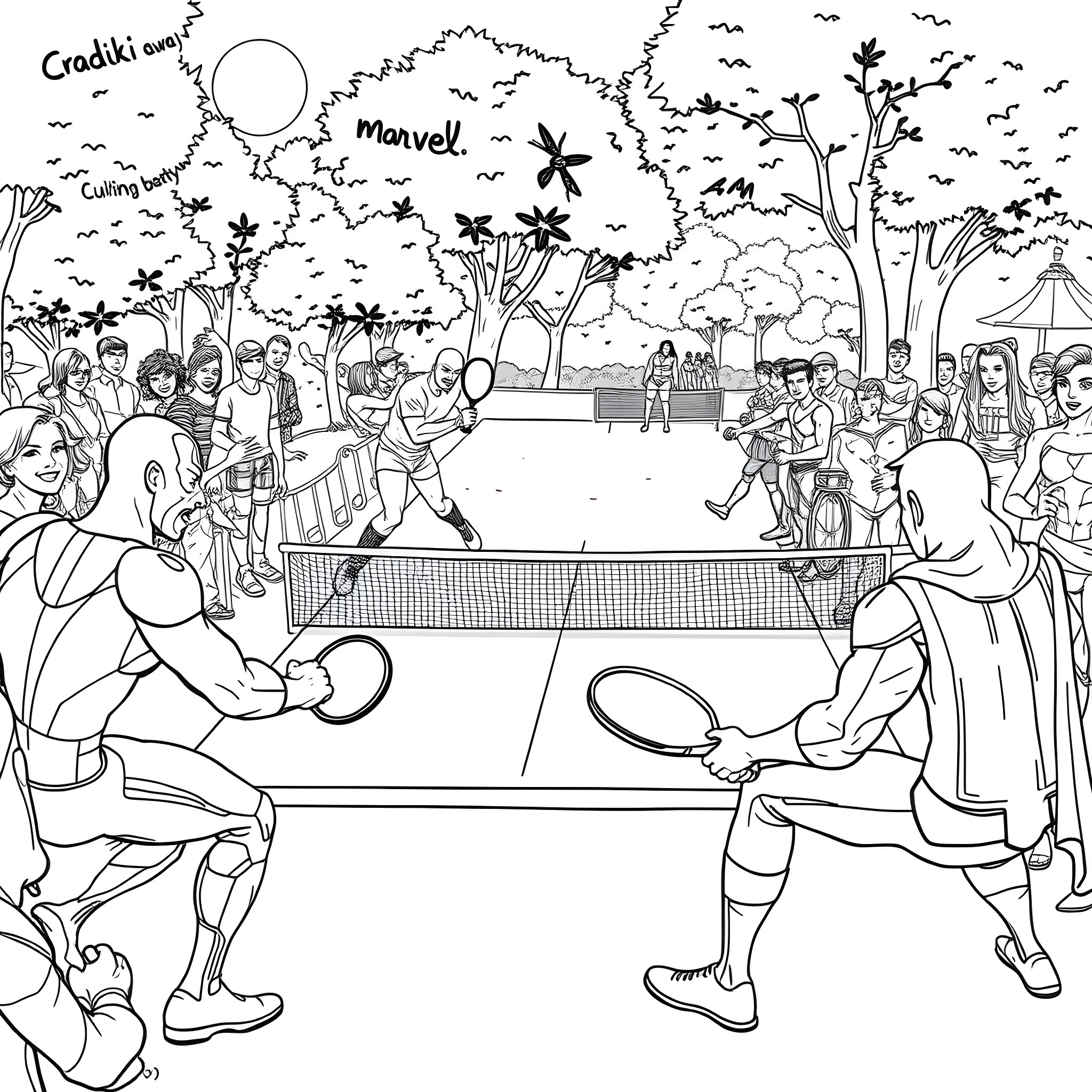 Superheroes Engaging in Outdoor Sports Activities Coloring Page (free black-and-white line drawing printable PDF for all, from beginners to advanced learners, including children, teens, adults, and seniors)