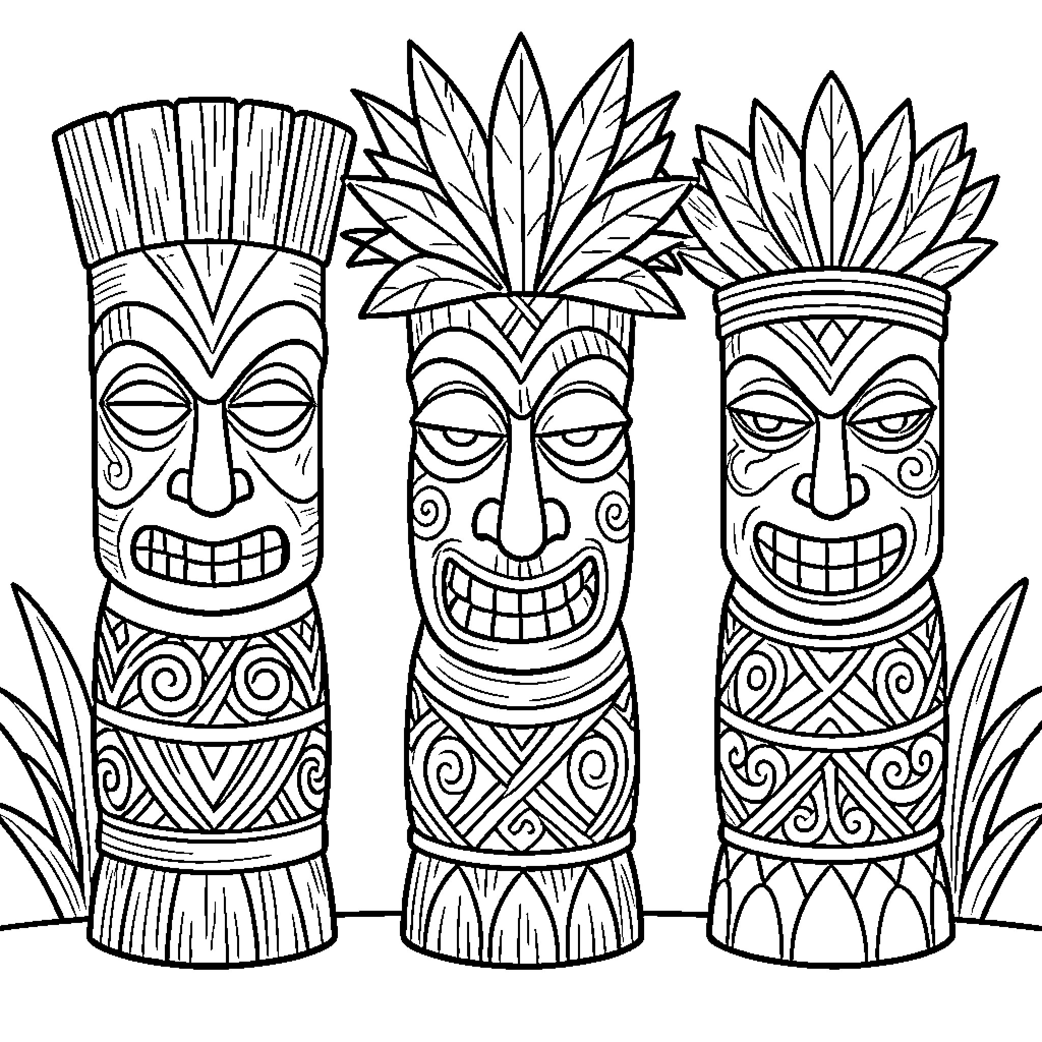 Tiki statues standing with expressive faces and patterns Coloring Page (free black-and-white line drawing printable PDF for all, from beginners to advanced learners, including children, teens, adults, and seniors)