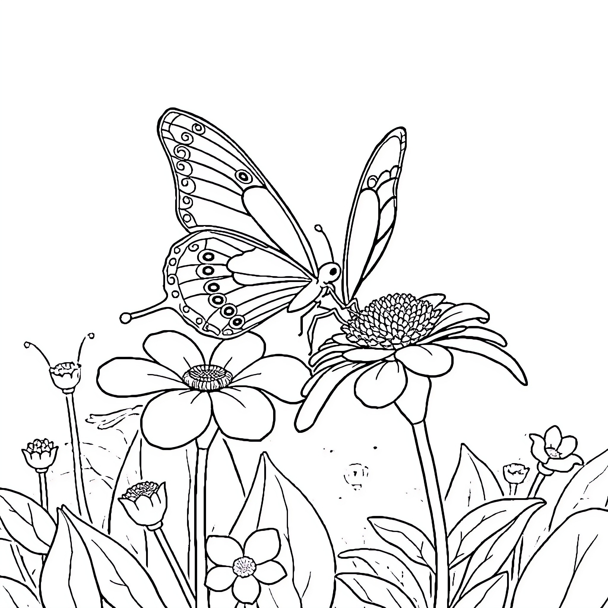 Butterfly gracefully resting on vibrant flowers Coloring Page (free black-and-white line drawing printable PDF for all, from beginners to advanced learners, including children, teens, adults, and seniors)