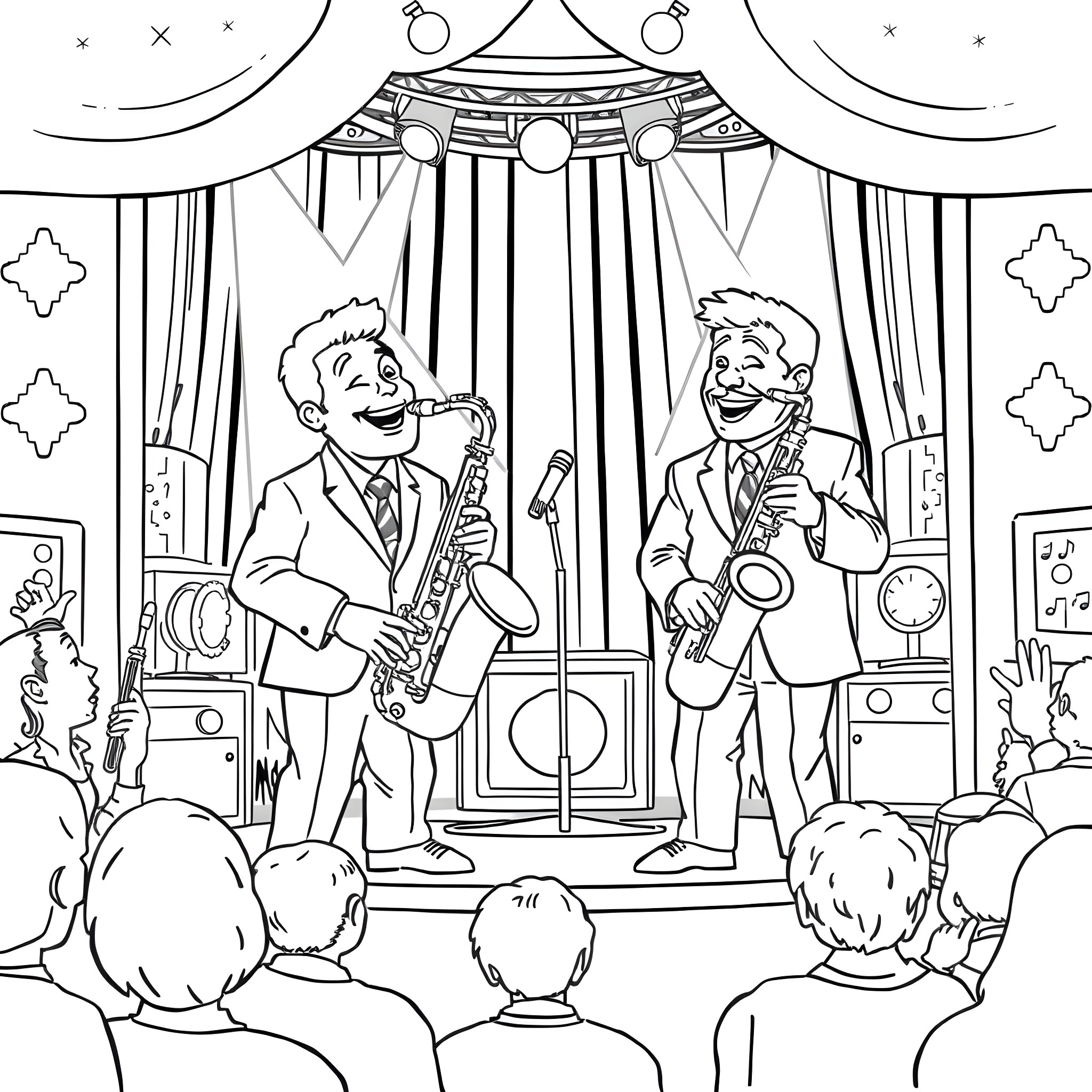 Saxophone players performing on stage Coloring Page (free black-and-white line drawing printable PDF for all, from beginners to advanced learners, including children, teens, adults, and seniors)
