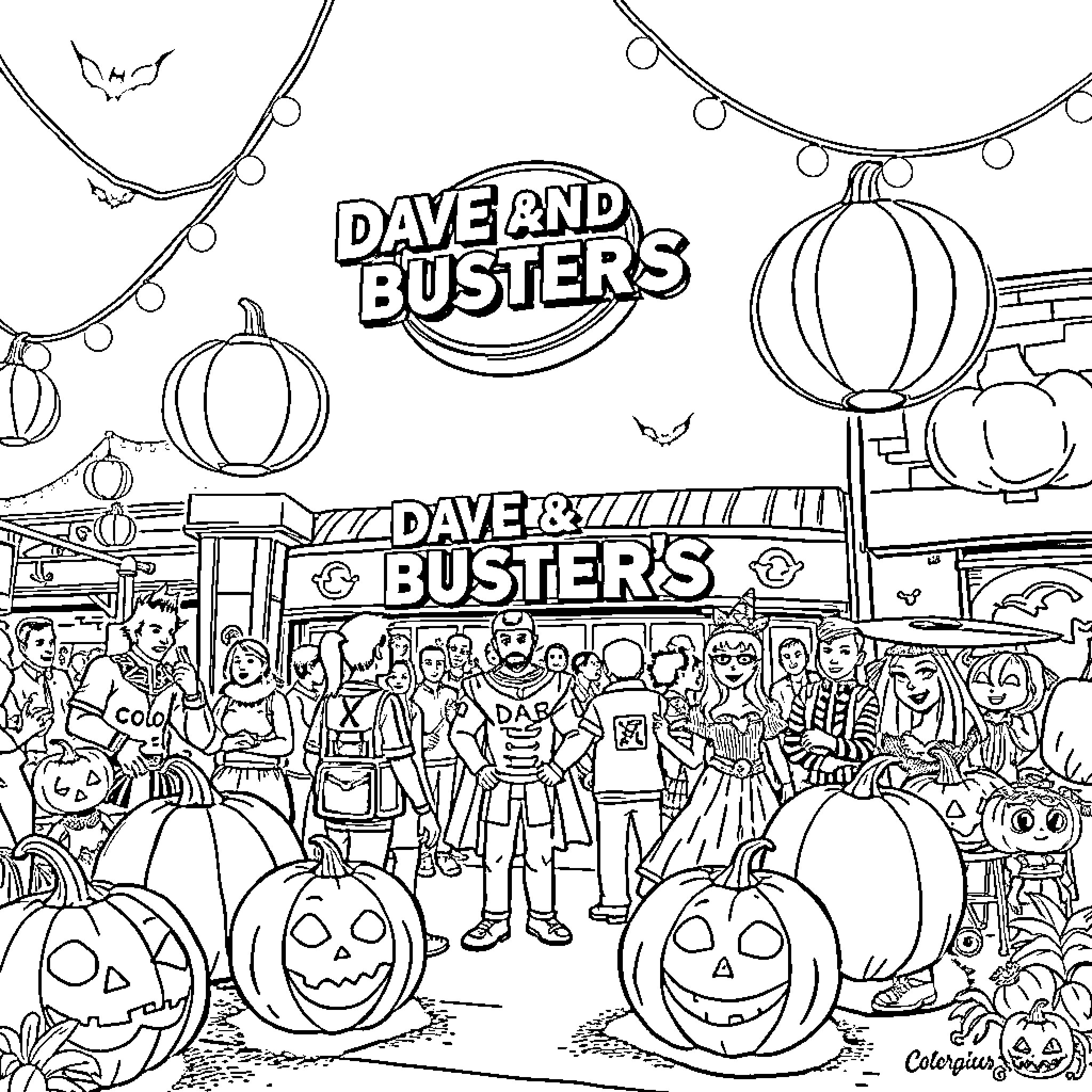 Dave and Busters: Customers in Halloween costumes at the arcade Coloring Page (free black-and-white line drawing printable PDF for all, from beginners to advanced learners, including children, teens, adults, and seniors)