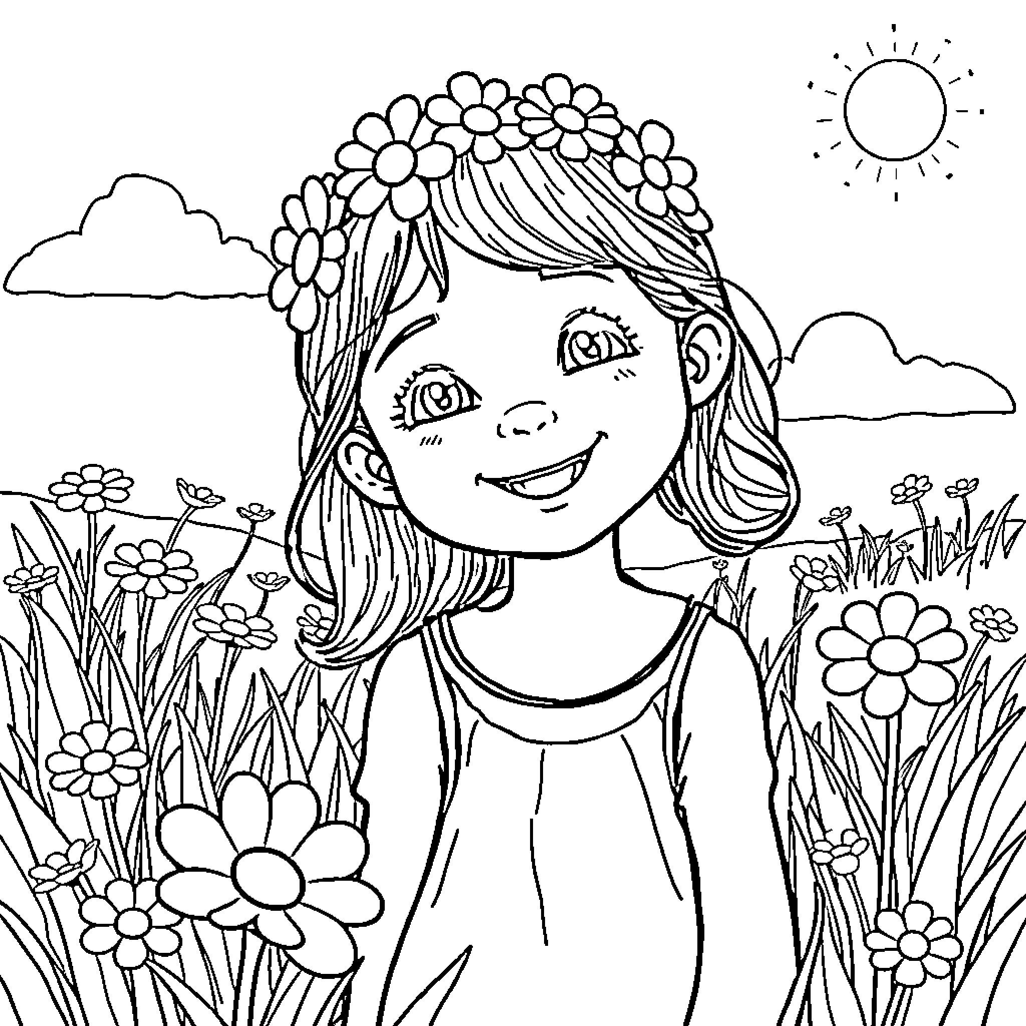 Girl smiling amidst a floral garden Coloring Page (free black-and-white line drawing printable PDF for all, from beginners to advanced learners, including children, teens, adults, and seniors)
