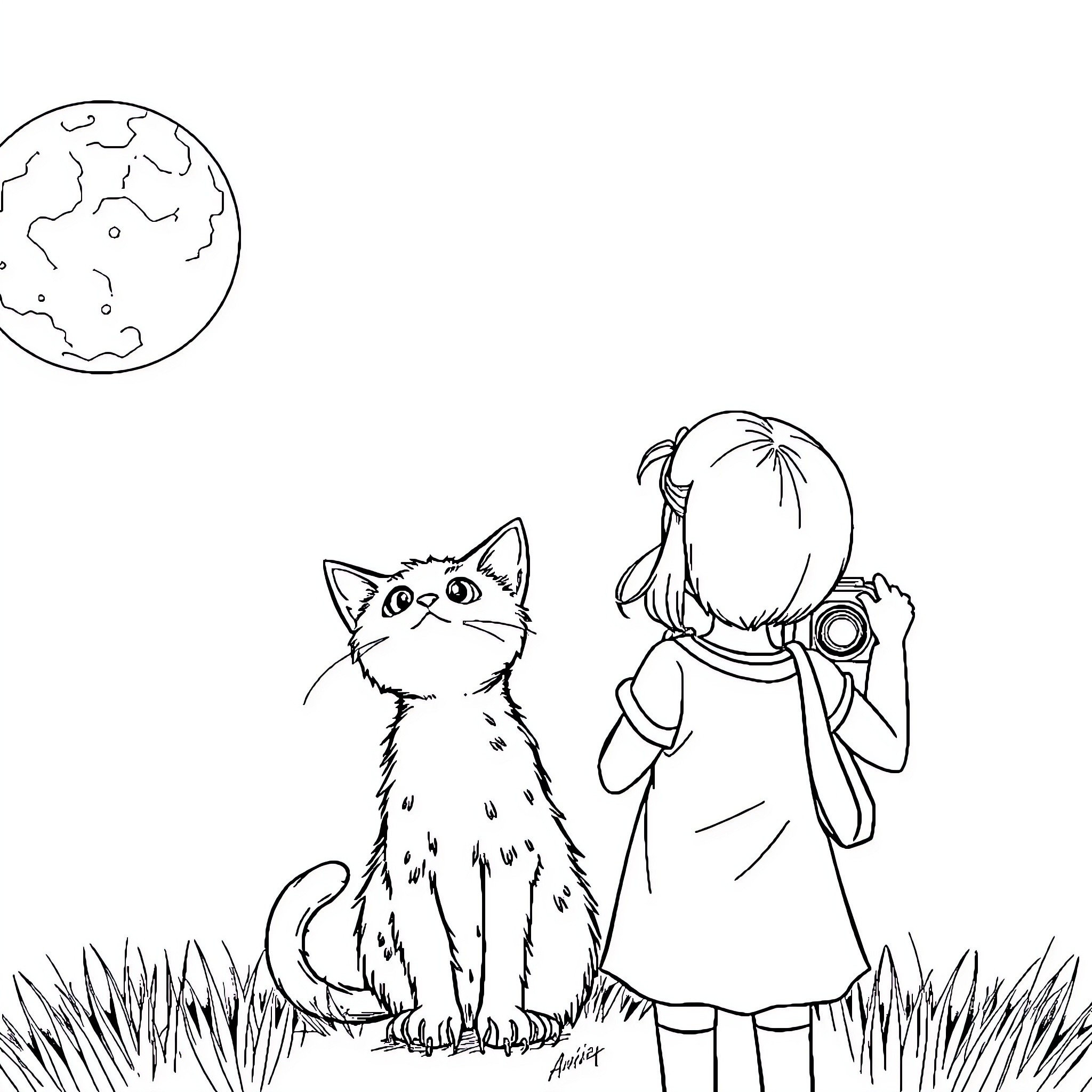 Cat and girl exploring the night sky Coloring Page (free black-and-white line drawing printable PDF for all, from beginners to advanced learners, including children, teens, adults, and seniors)